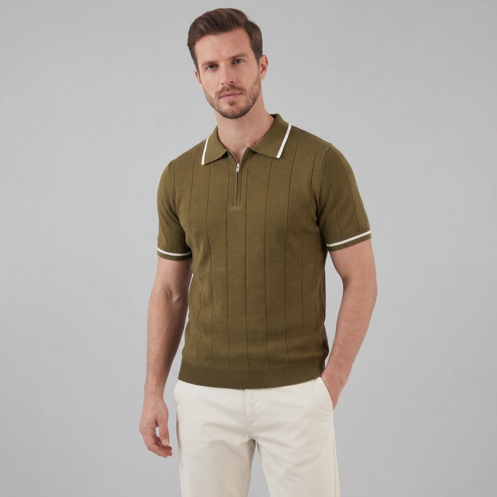 Men's Knit Polo Shirt - Retro Accents - Casual Wear - Comfortable Fit
