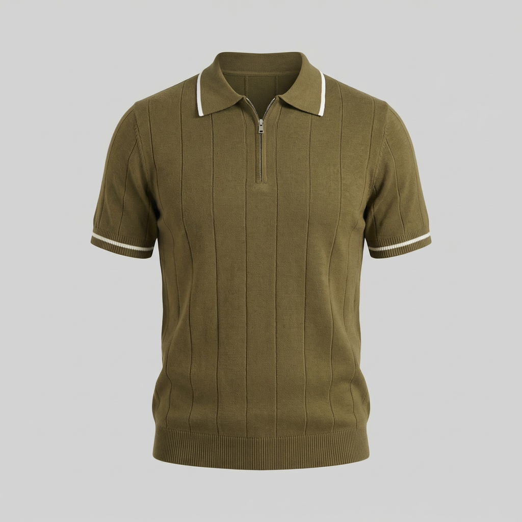 Men's Knit Polo Shirt - Retro Accents - Casual Wear - Comfortable Fit