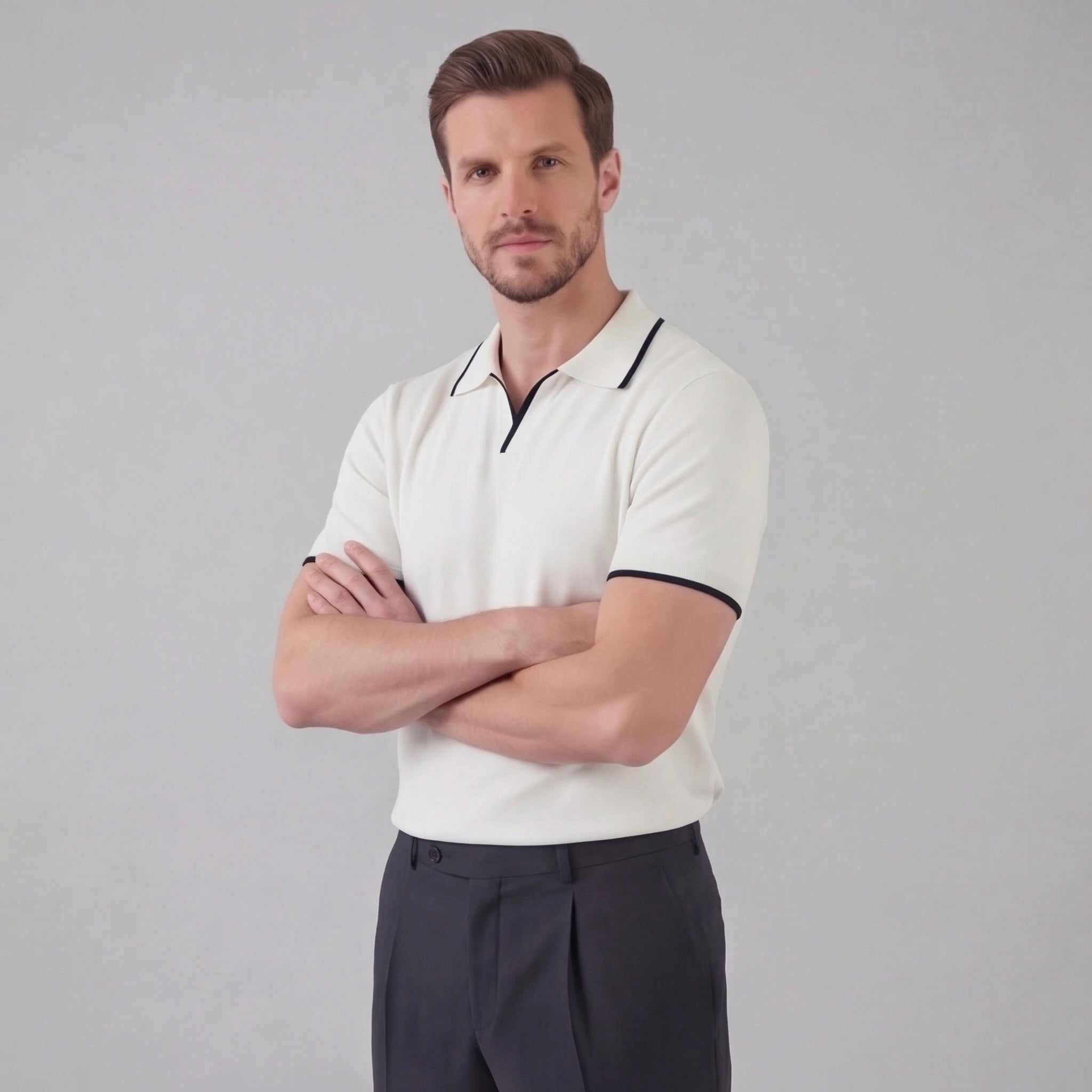 Men’s Knit Polo Shirt in Cotton with White Trim for Casual Wear