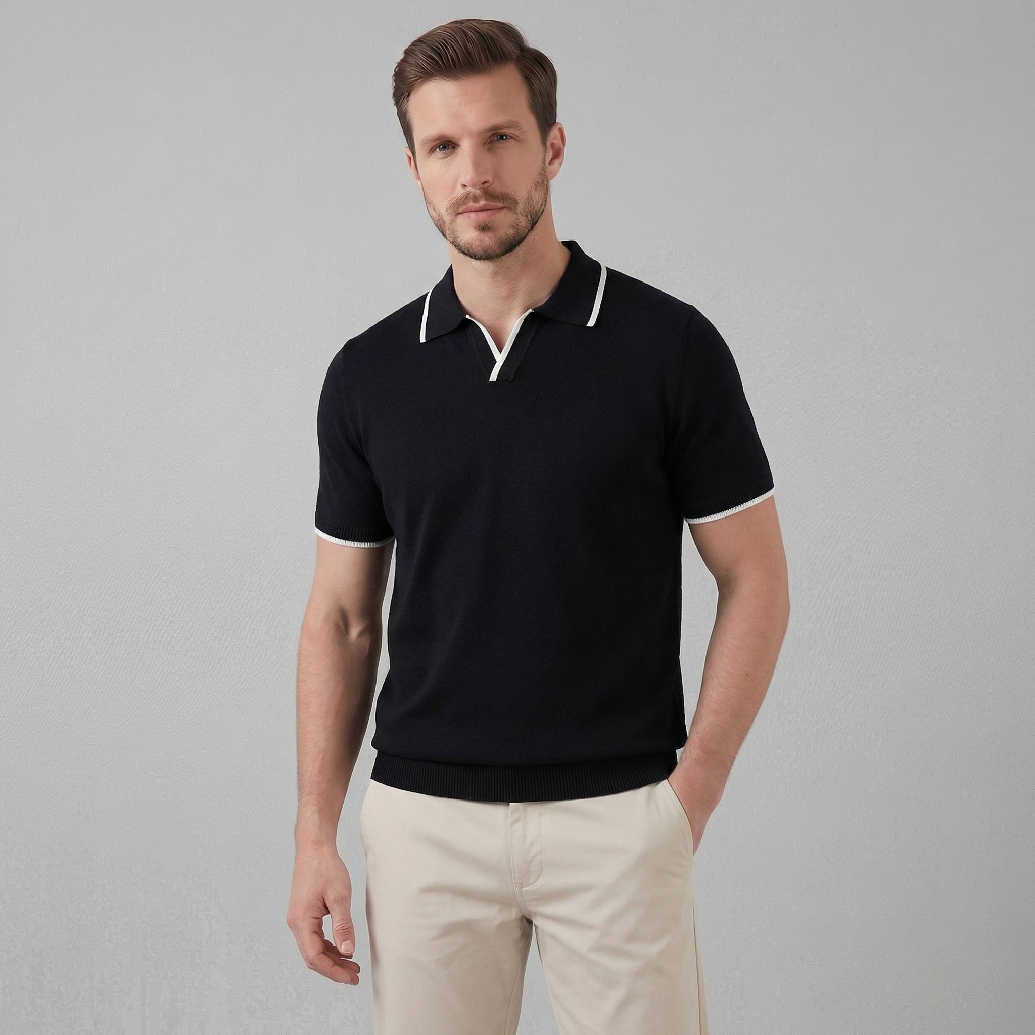 Men’s Knit Polo Shirt in Cotton with White Trim for Casual Wear