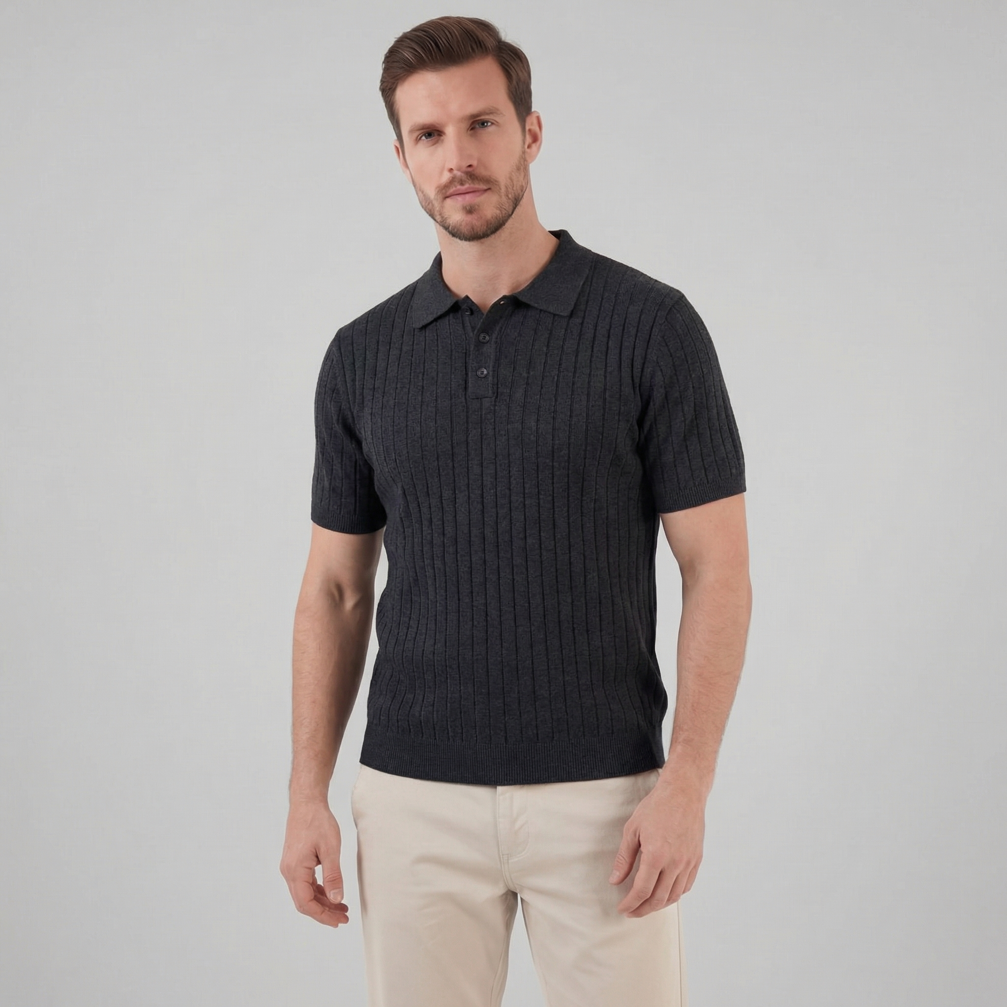 Men's Knit Polo Shirt with Stripes for Casual Wear