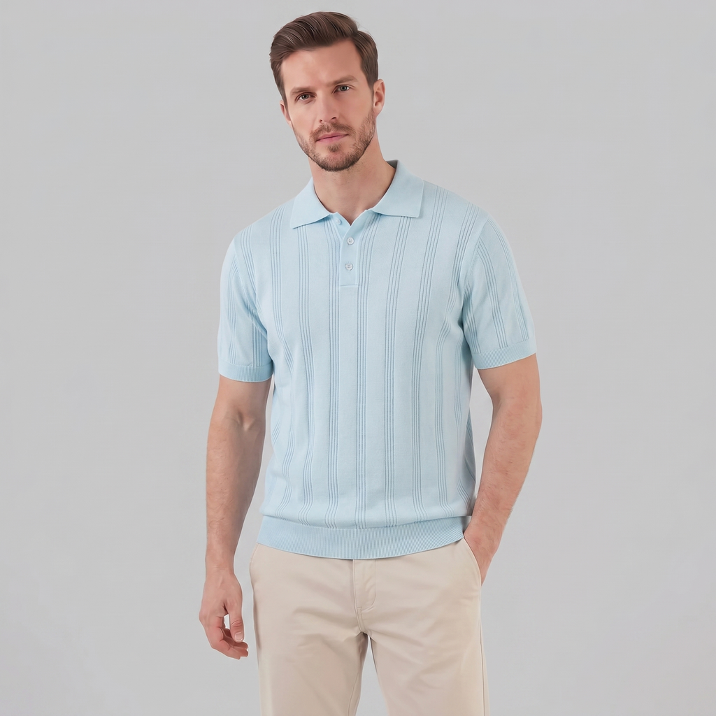 Men's Knit Polo Shirt with Vertical Stripes - Casual Wear for Everyday Use