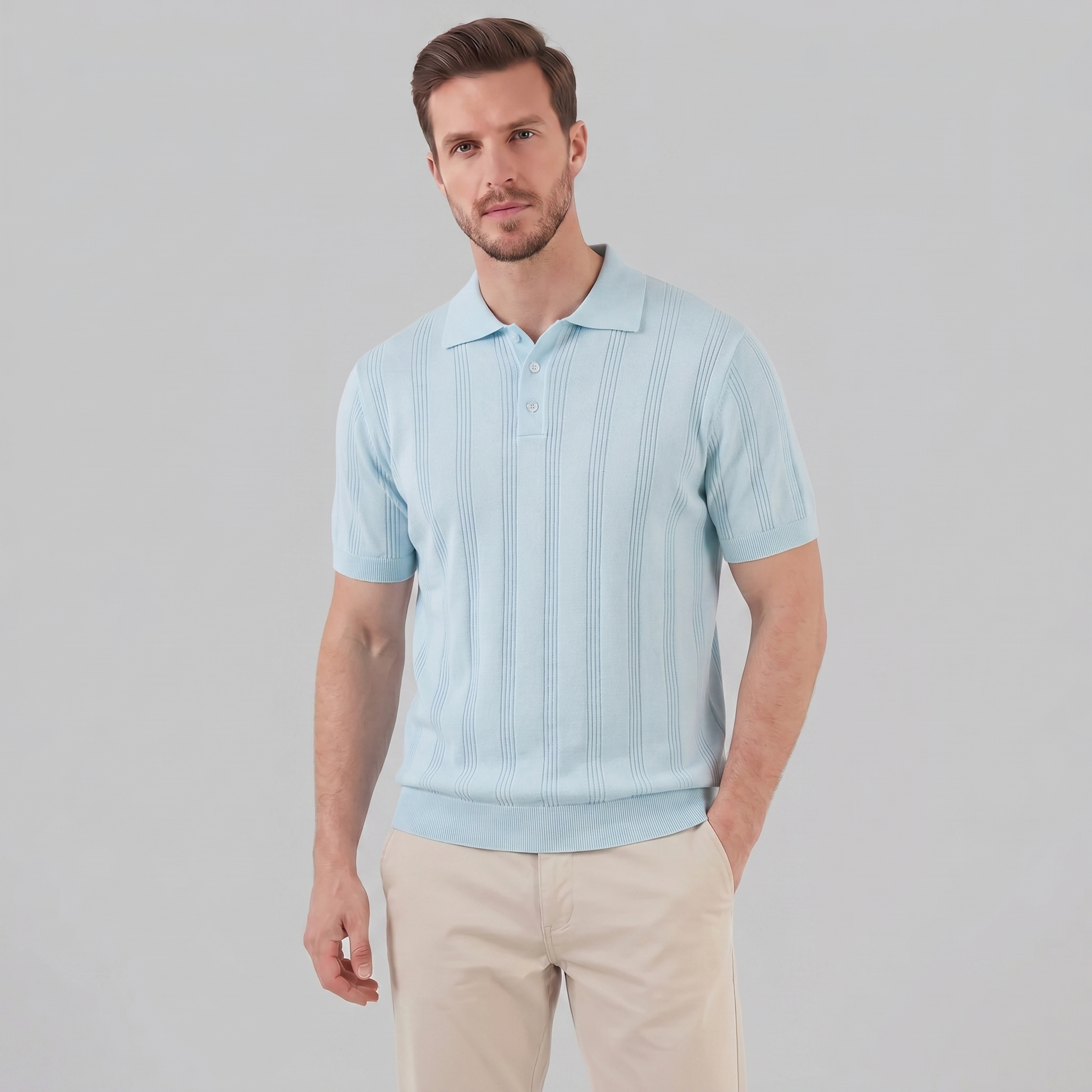 Men's Knit Polo Shirt with Vertical Stripes - Casual Wear for Everyday Use