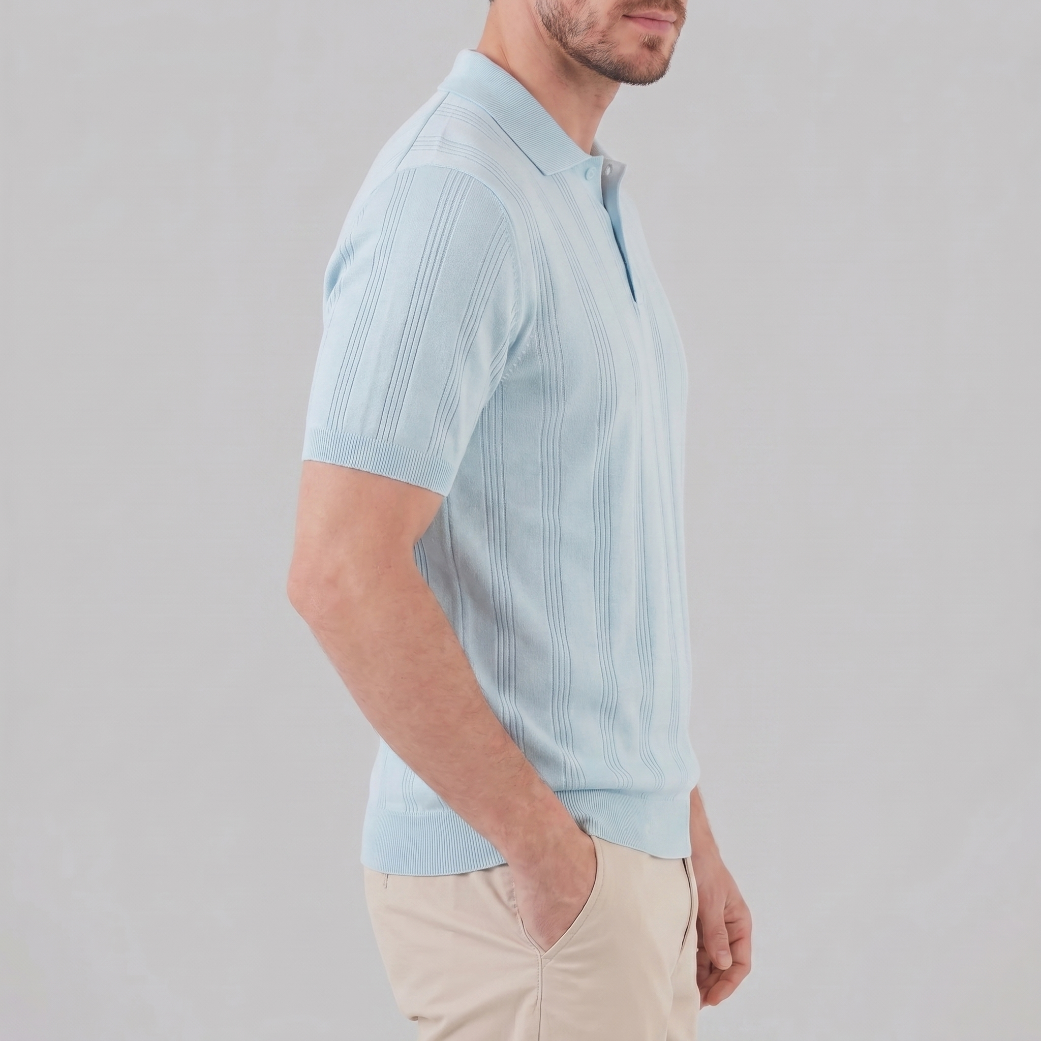 Men's Knit Polo Shirt with Vertical Stripes - Casual Wear for Everyday Use
