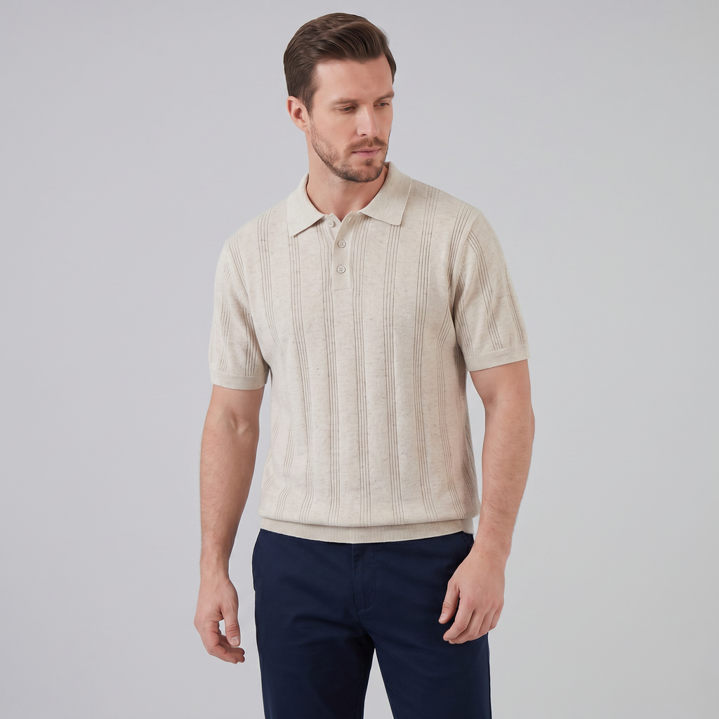 Men's Knit Polo Shirt with Vertical Stripes - Casual Wear for Everyday Use
