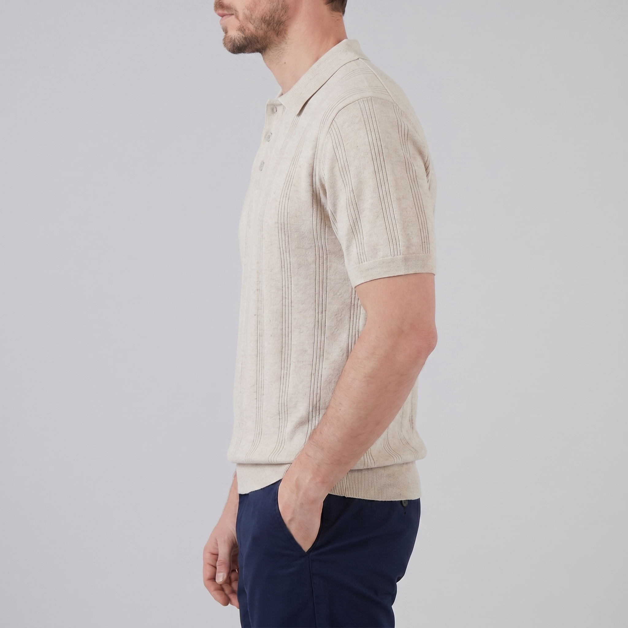 Men's Knit Polo Shirt with Vertical Stripes - Casual Wear for Everyday Use