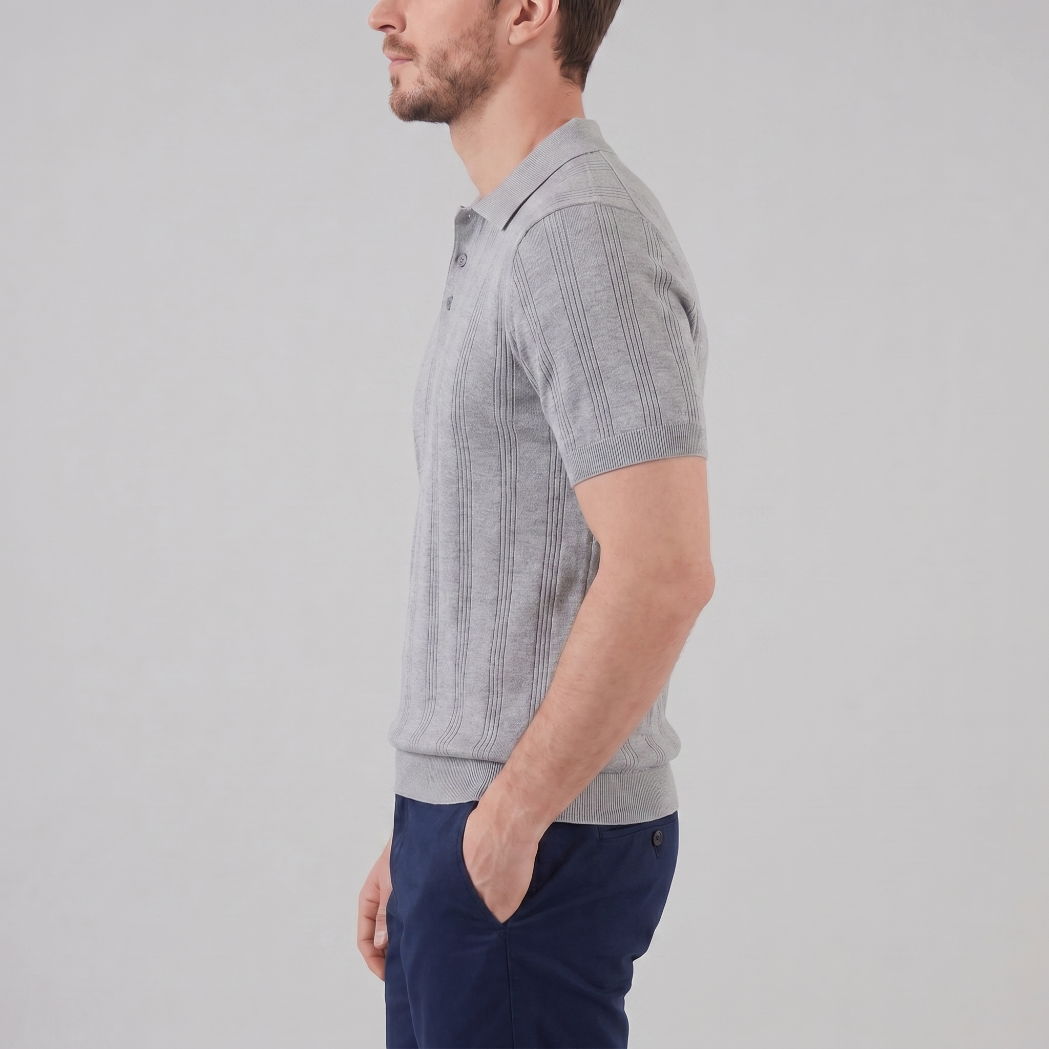 Men's Knit Polo Shirt with Vertical Stripes - Casual Wear for Everyday Use