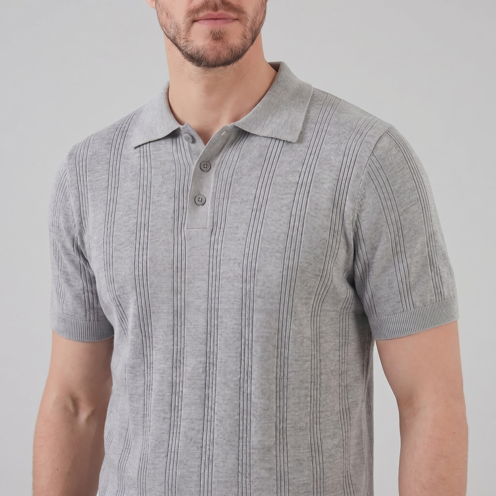 Men's Knit Polo Shirt with Vertical Stripes - Casual Wear for Everyday Use