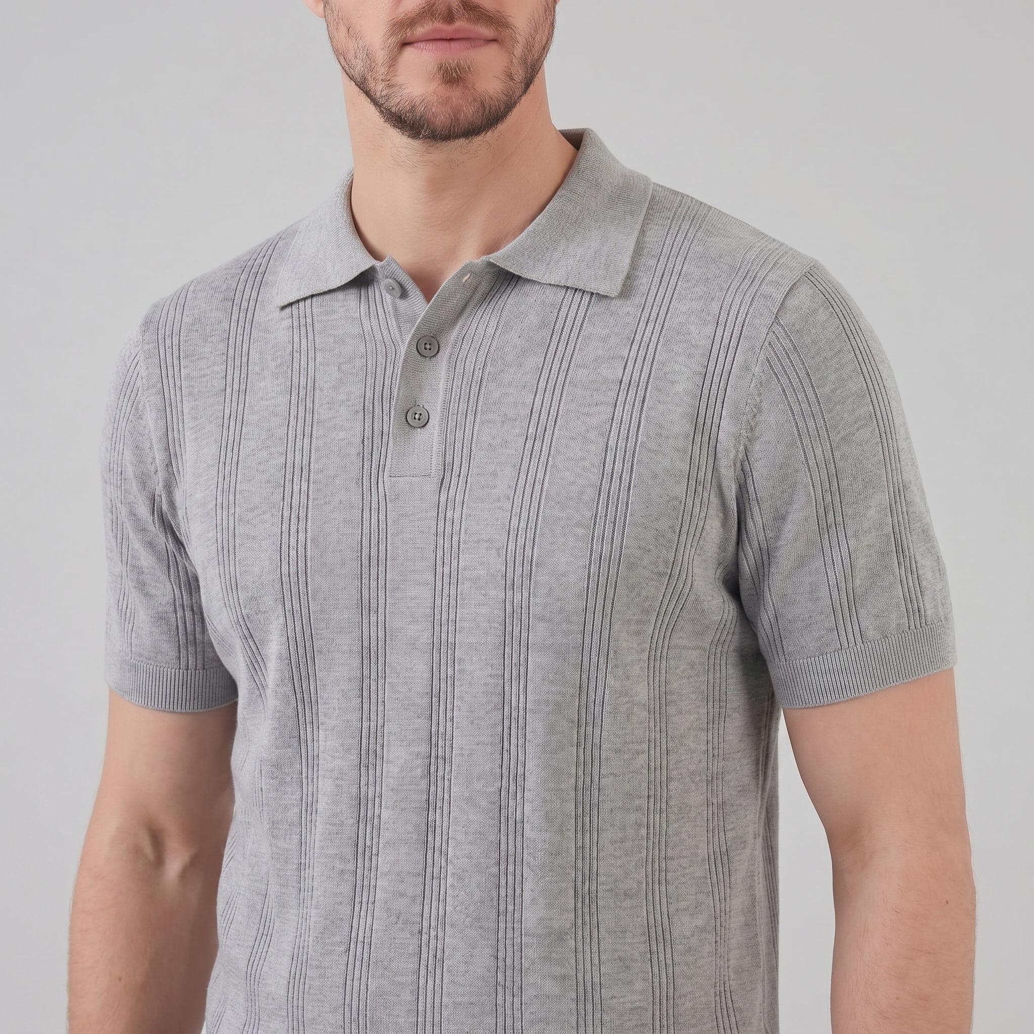 Men's Knit Polo Shirt with Vertical Stripes - Casual Wear for Everyday Use