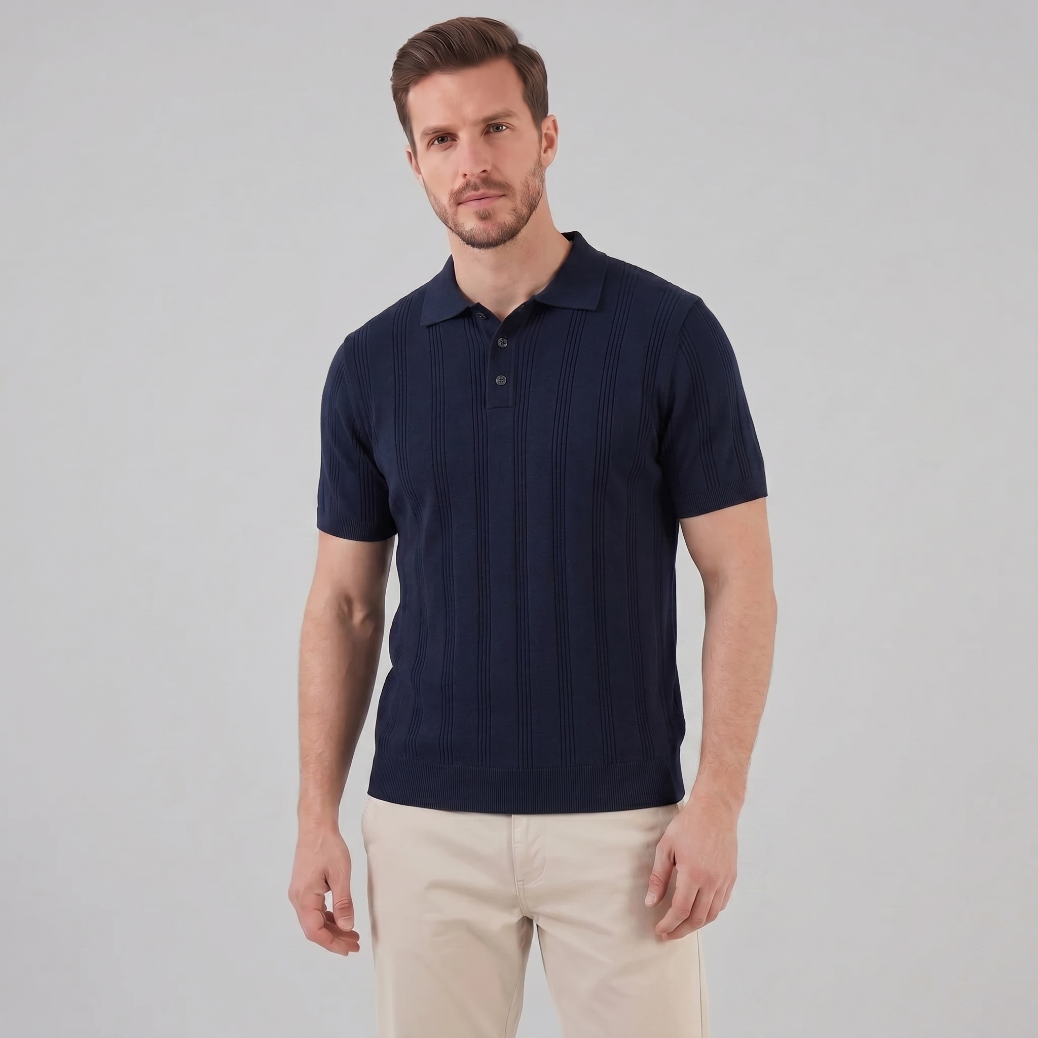 Men's Knit Polo Shirt with Vertical Stripes - Casual Wear for Everyday Use