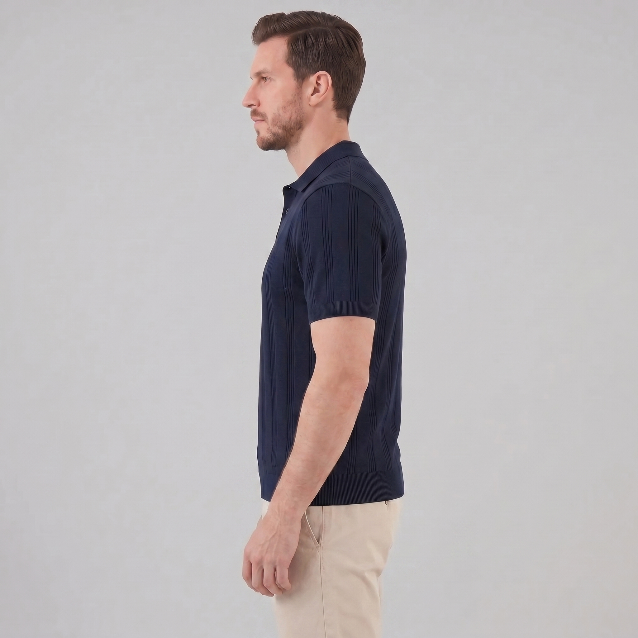 Men's Knit Polo Shirt with Vertical Stripes - Casual Wear for Everyday Use