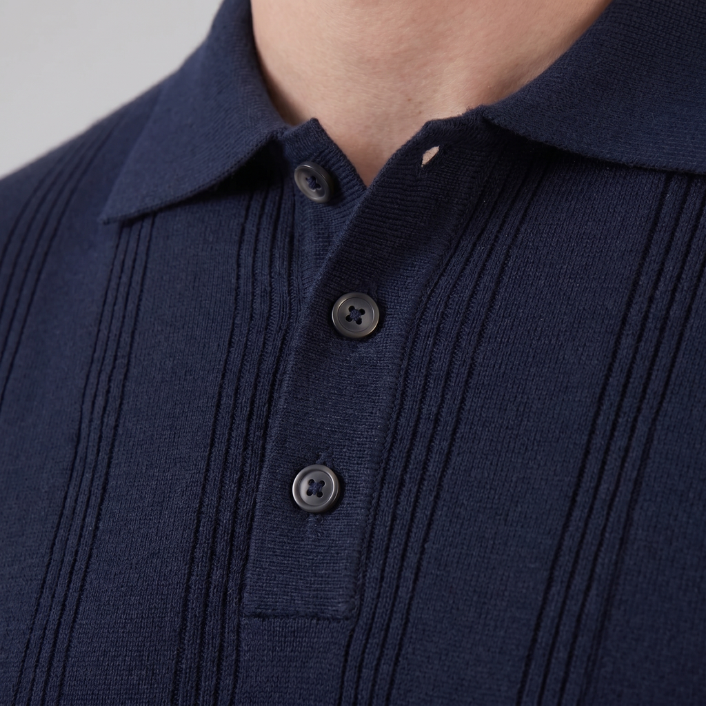 Men's Knit Polo Shirt with Vertical Stripes - Casual Wear for Everyday Use
