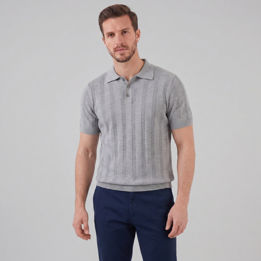 Men's Knit Polo Shirt with Vertical Stripes - Casual Wear for Everyday Use