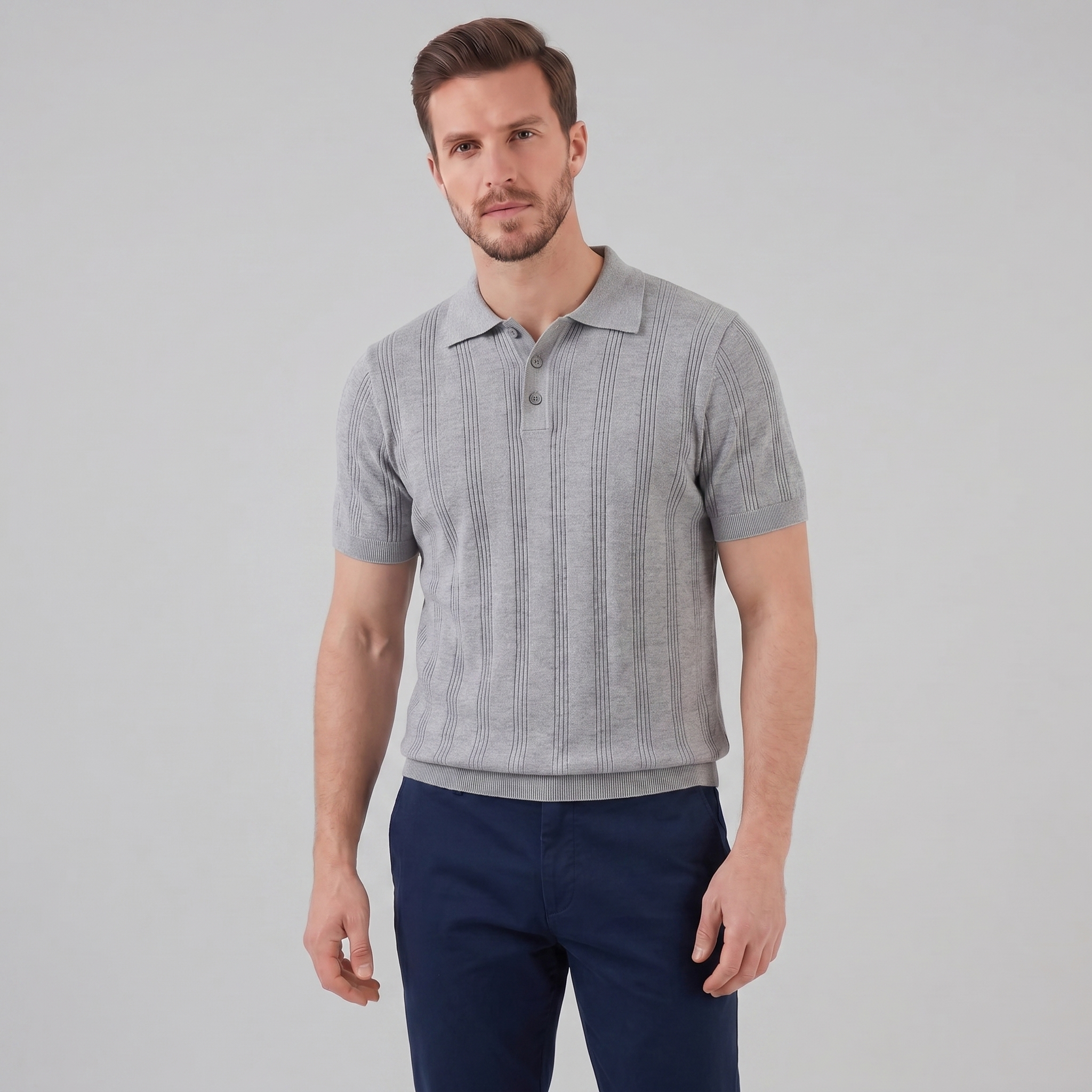 Men's Knit Polo Shirt with Vertical Stripes - Casual Wear for Everyday Use