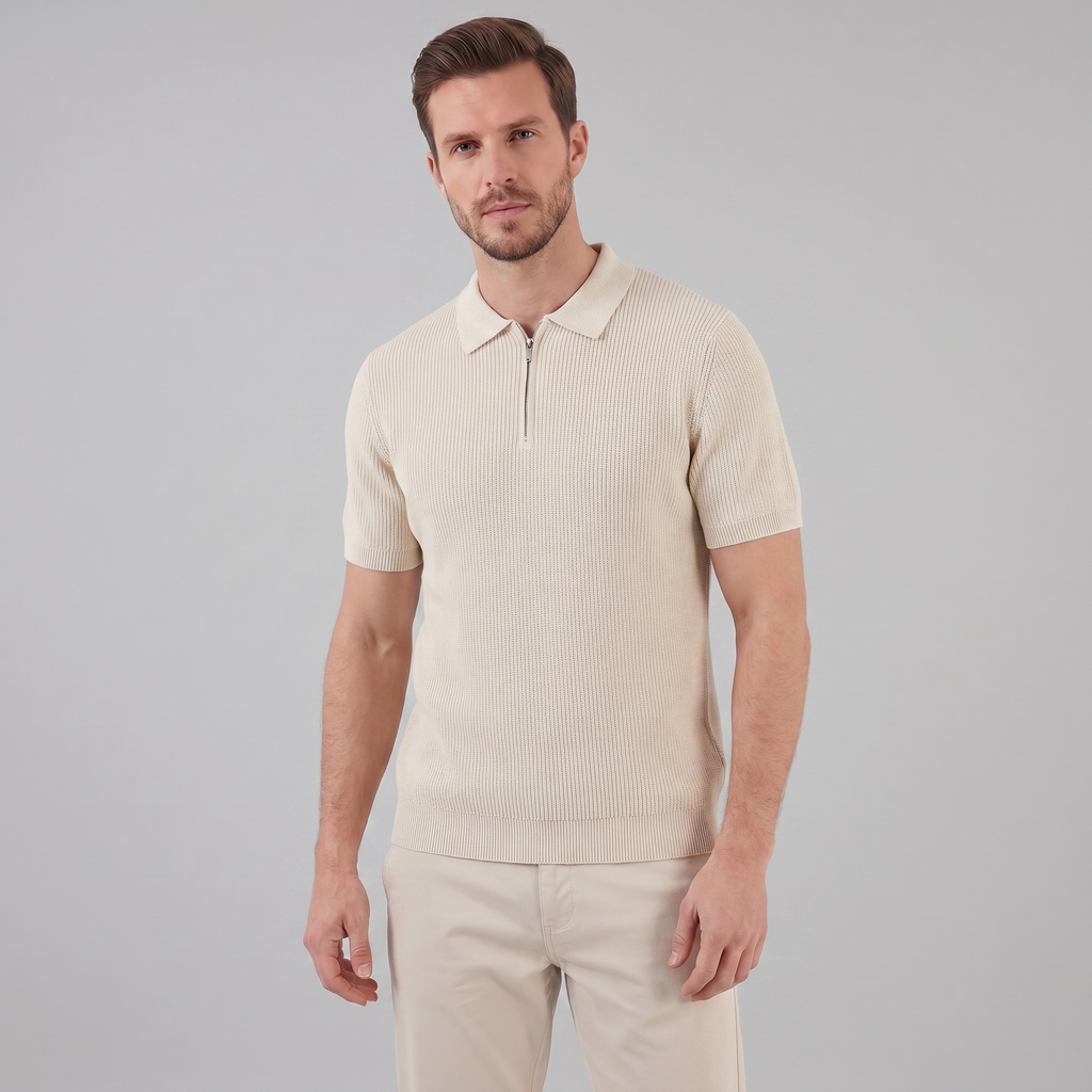 Men's Knit Zip Neck Polo Shirt - Casual Cotton Blend for Everyday Wear