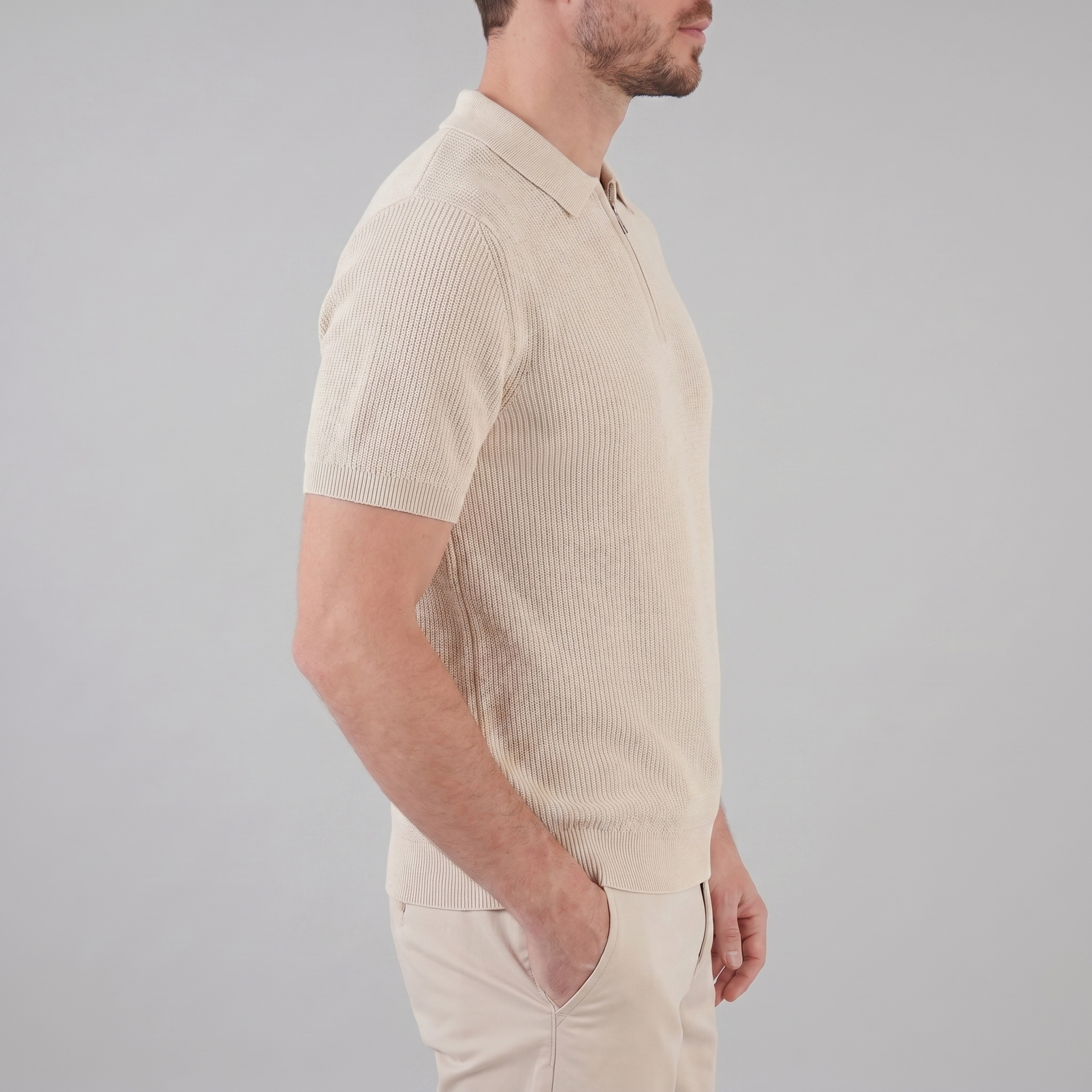 Men's Knit Zip Neck Polo Shirt - Casual Cotton Blend for Everyday Wear