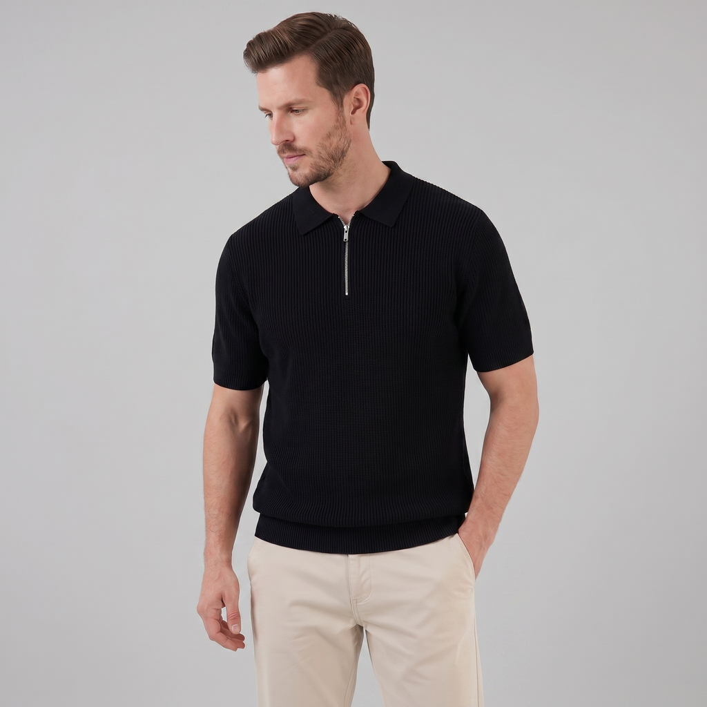 Men's Knit Zip Neck Polo Shirt - Casual Cotton Blend for Everyday Wear