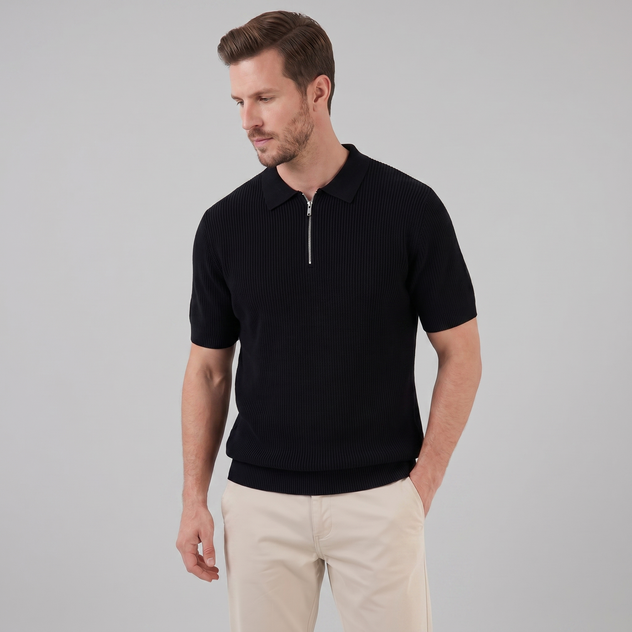 Men's Knit Zip Neck Polo Shirt - Casual Cotton Blend for Everyday Wear