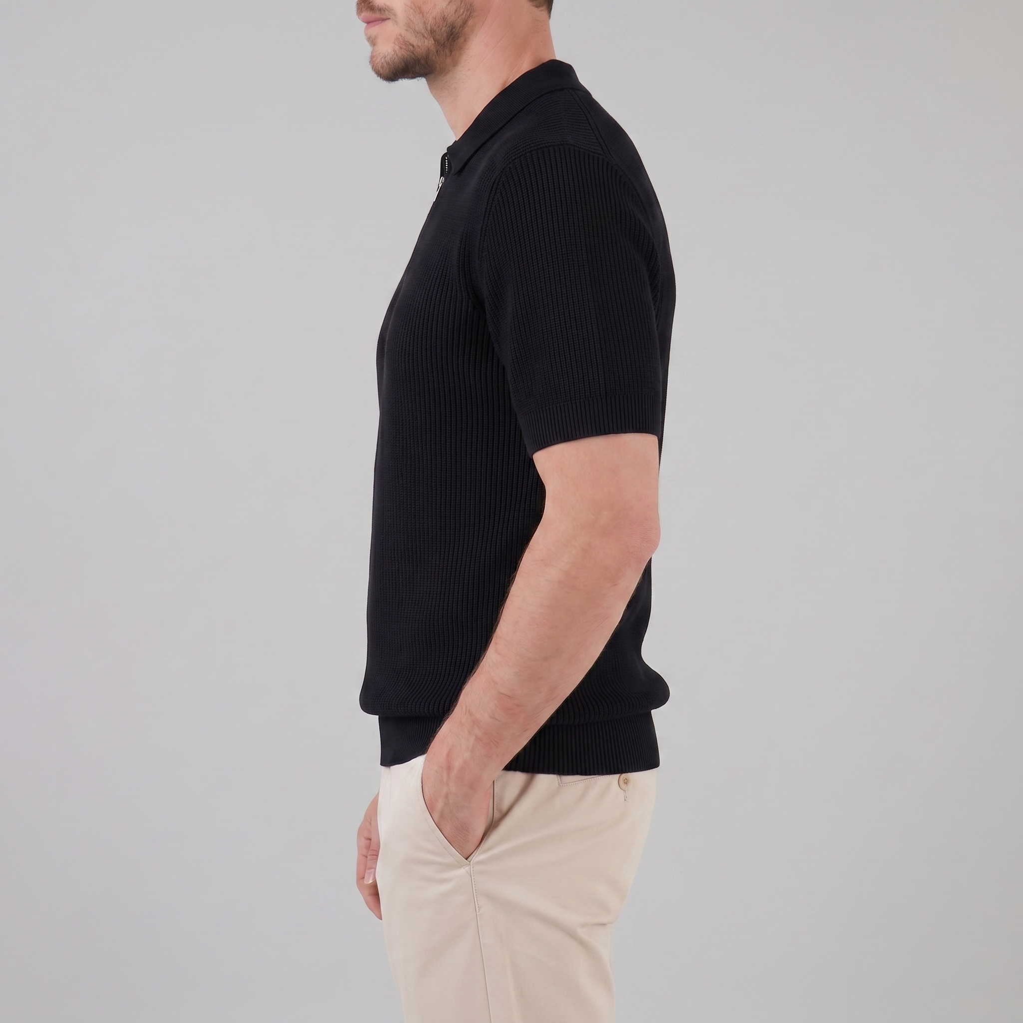 Men's Knit Zip Neck Polo Shirt - Casual Cotton Blend for Everyday Wear