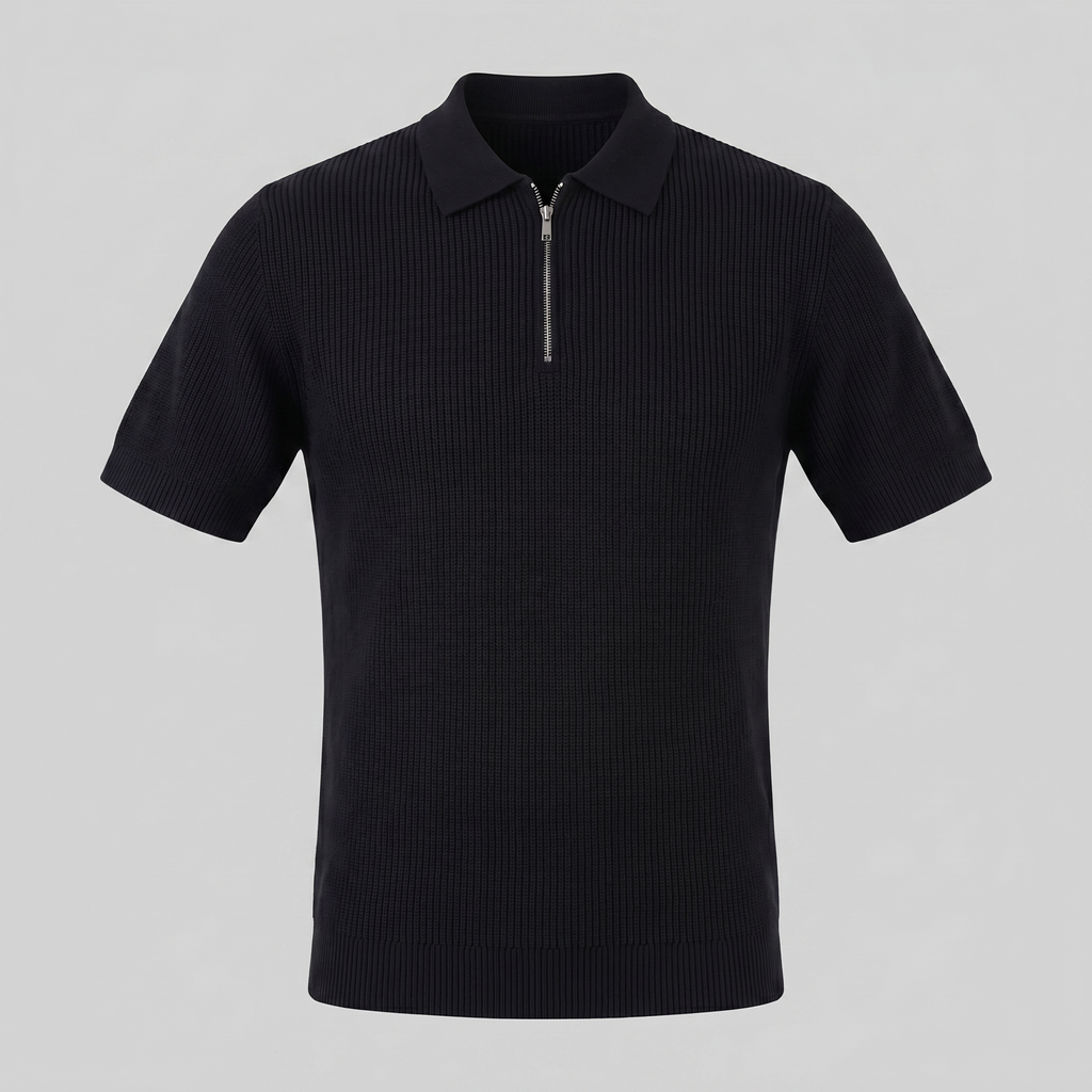 Men's Knit Zip Neck Polo Shirt - Casual Cotton Blend for Everyday Wear