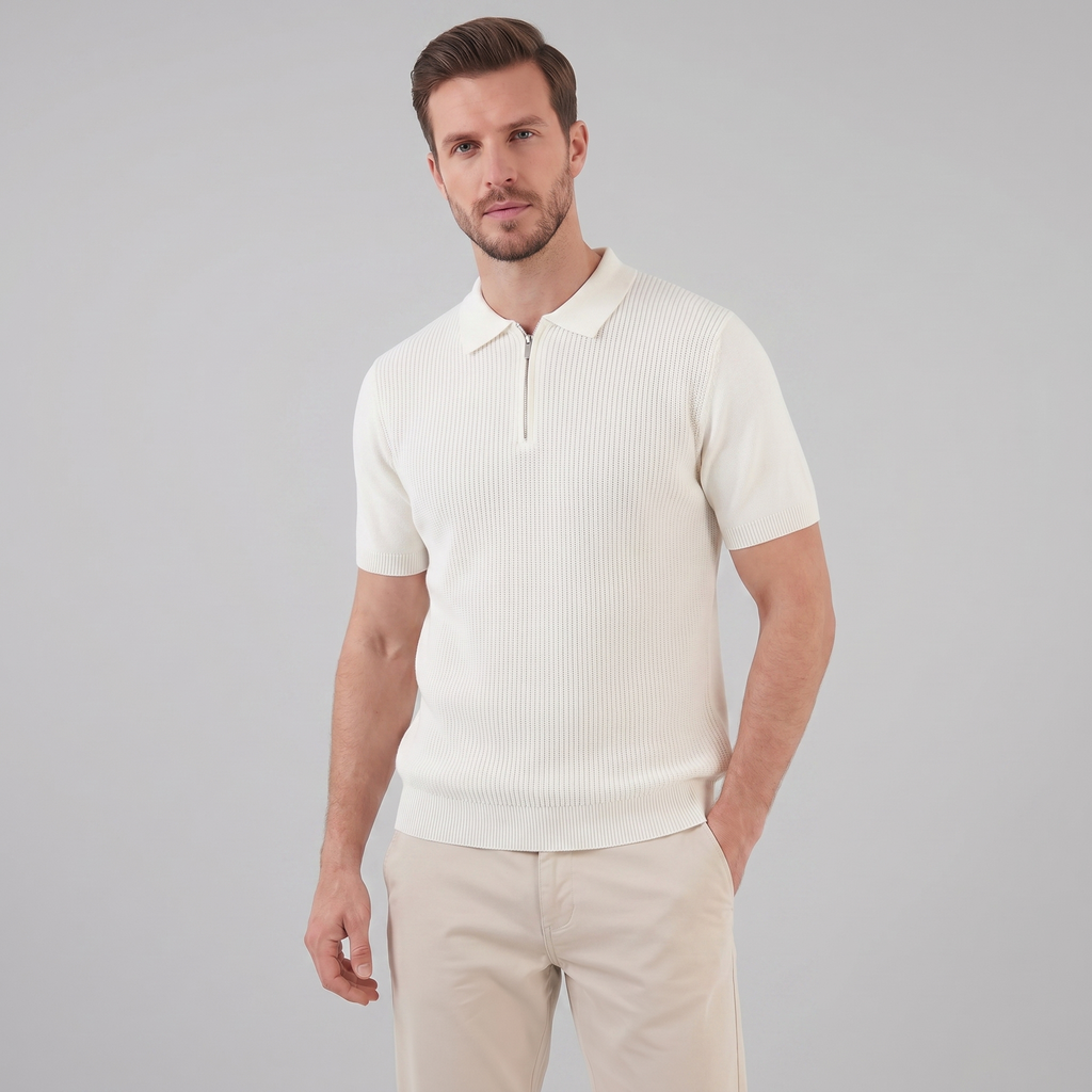 Men's Knit Zip Neck Polo Shirt - Casual Cotton Blend for Everyday Wear