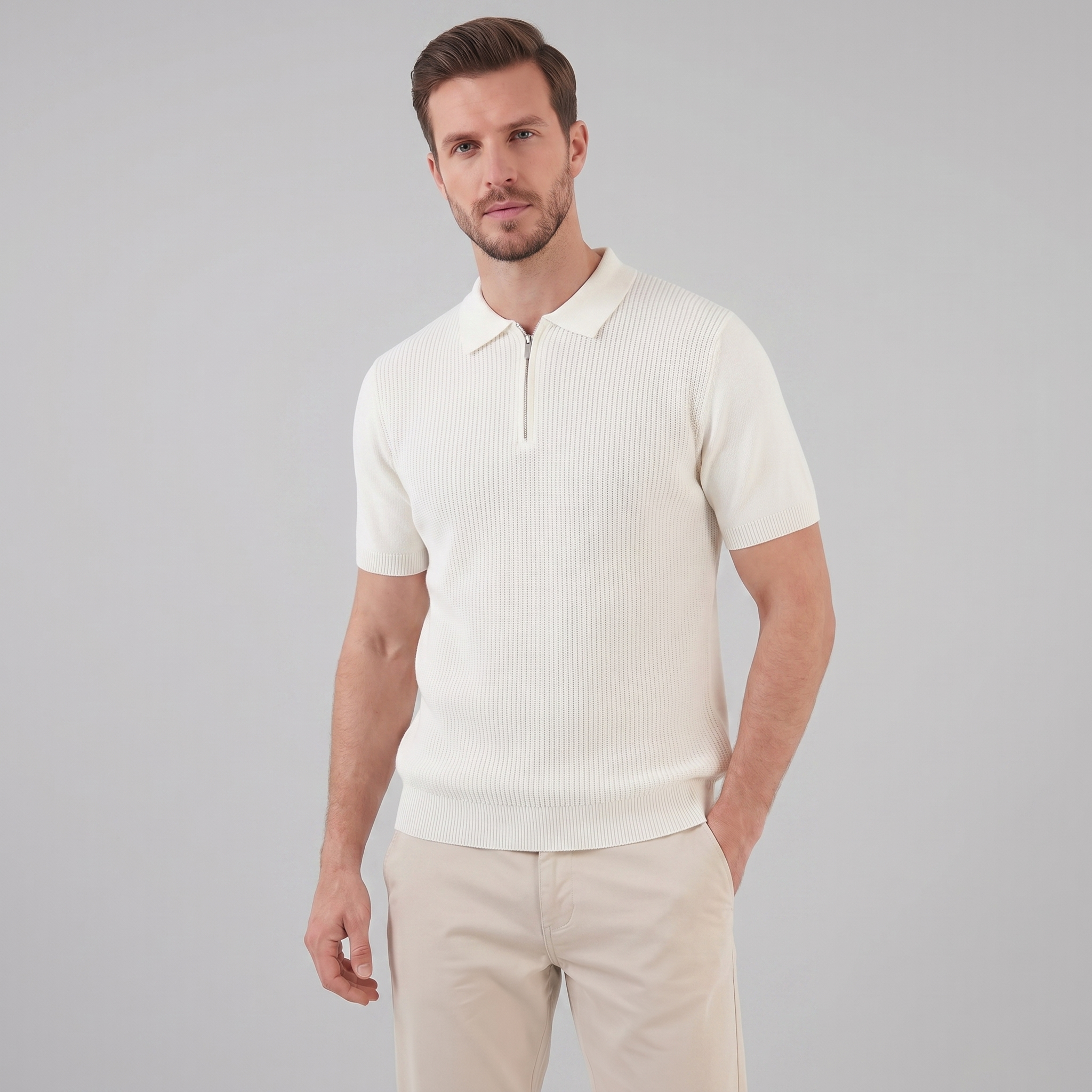 Men's Knit Zip Neck Polo Shirt - Casual Cotton Blend for Everyday Wear