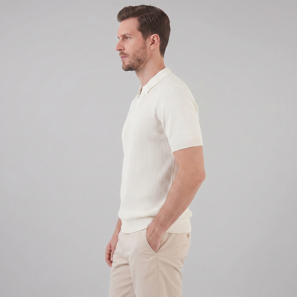 Men's Knit Zip Neck Polo Shirt - Casual Cotton Blend for Everyday Wear