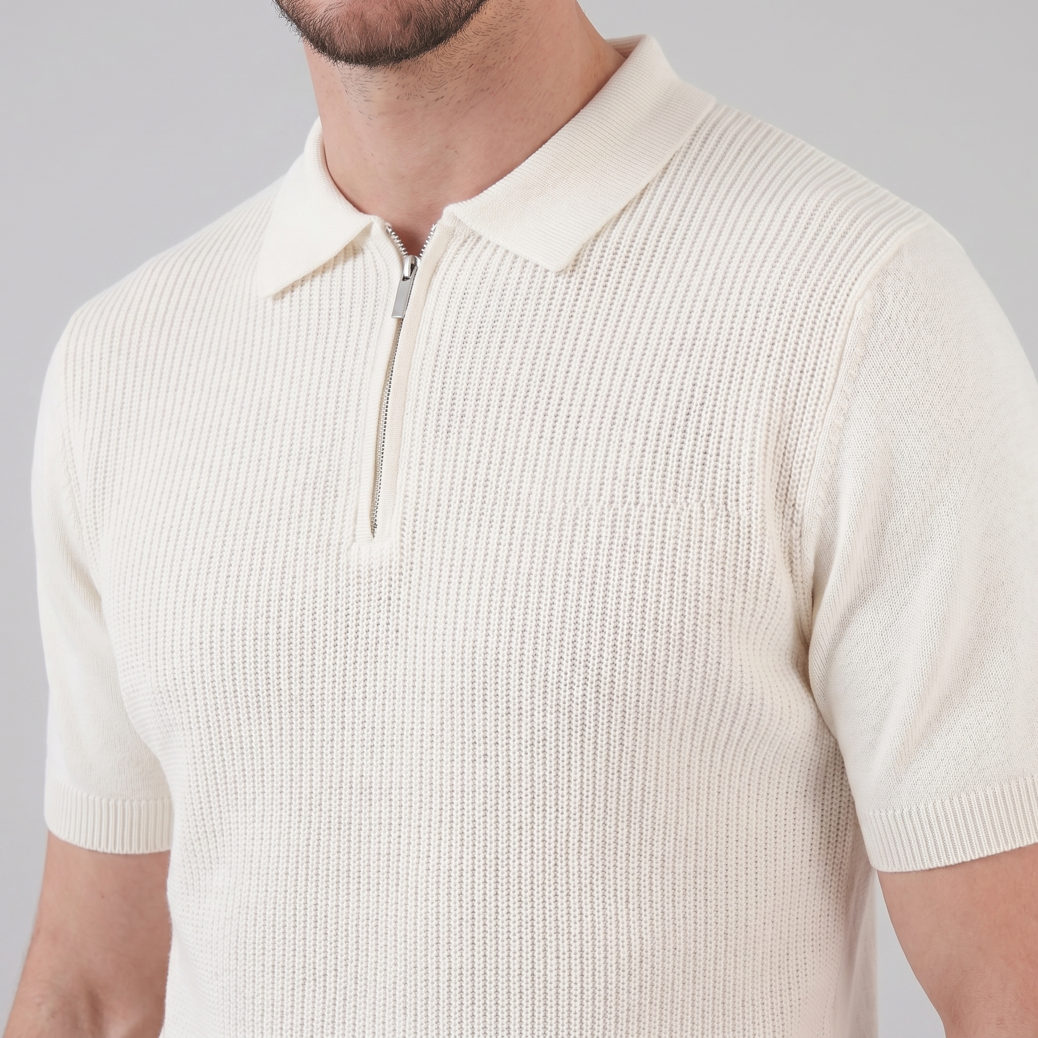 Men's Knit Zip Neck Polo Shirt - Casual Cotton Blend for Everyday Wear