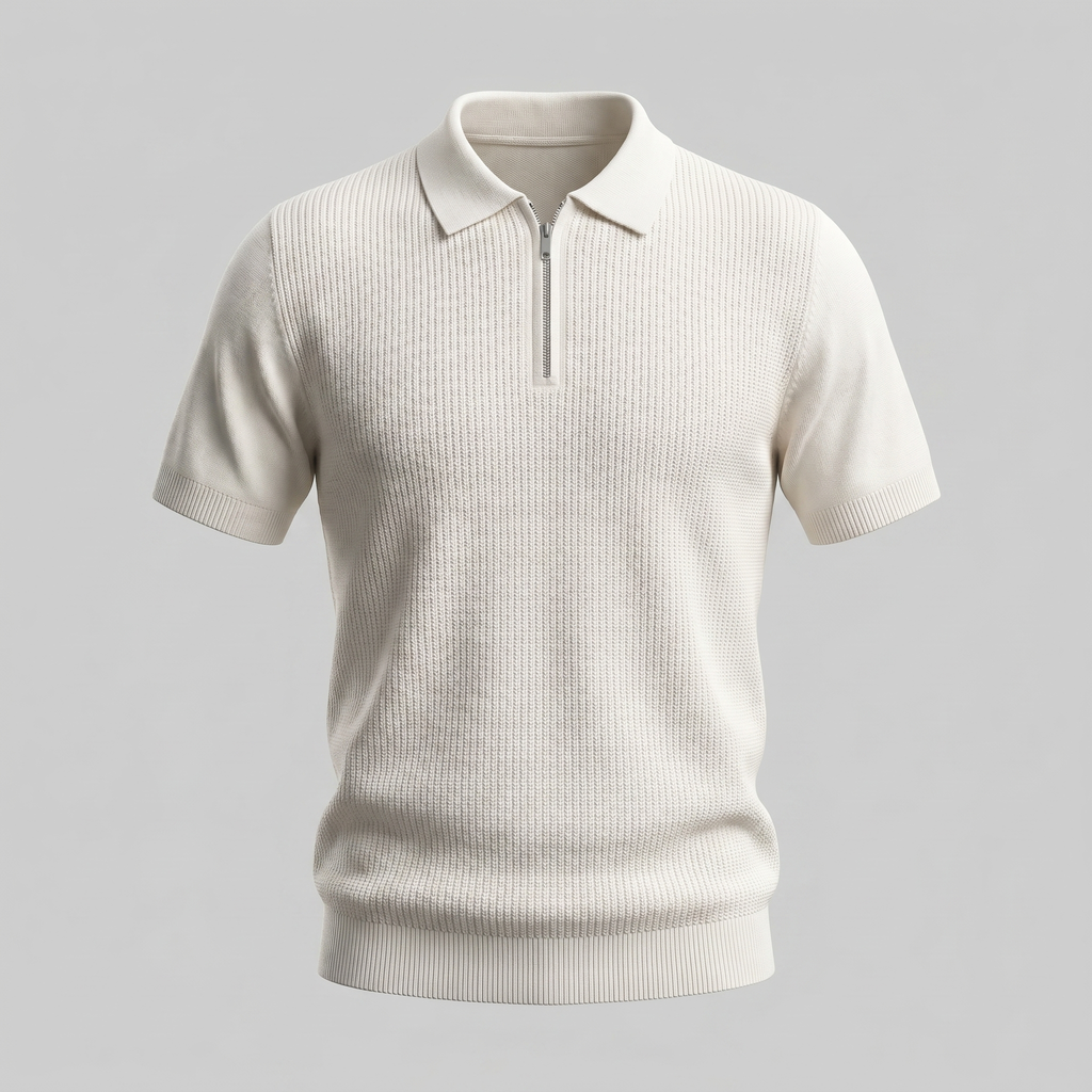 Men's Knit Zip Neck Polo Shirt - Casual Cotton Blend for Everyday Wear