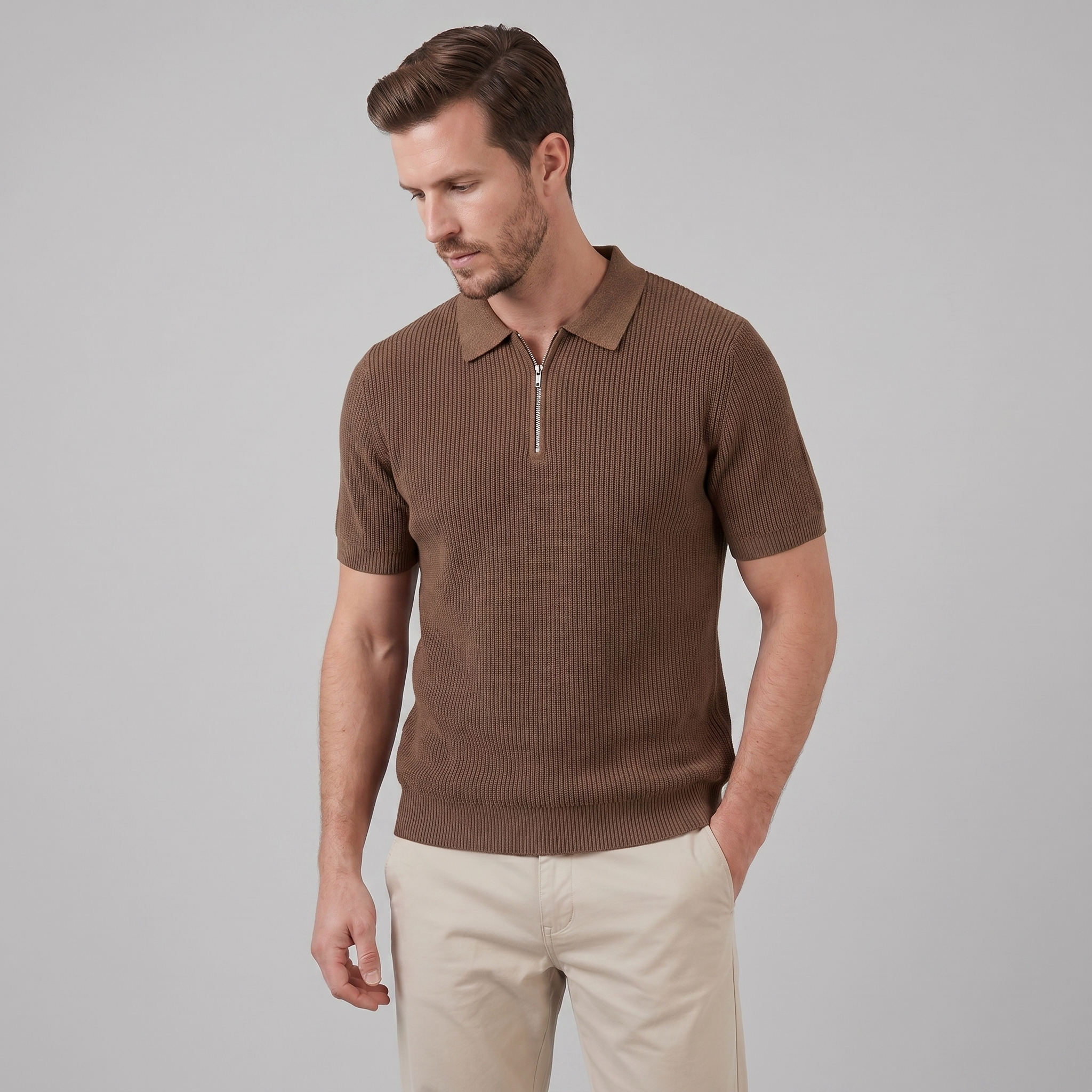 Men's Knit Zip Neck Polo Shirt - Casual Cotton Blend for Everyday Wear