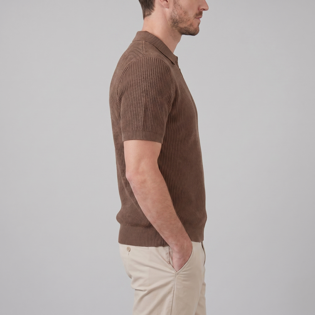 Men's Knit Zip Neck Polo Shirt - Casual Cotton Blend for Everyday Wear