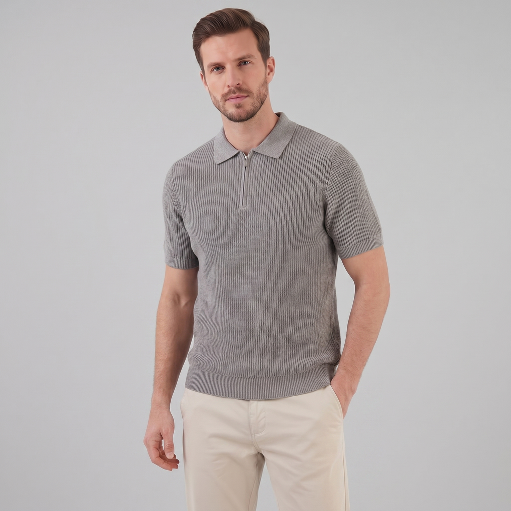 Men's Knit Zip Neck Polo Shirt - Casual Cotton Blend for Everyday Wear