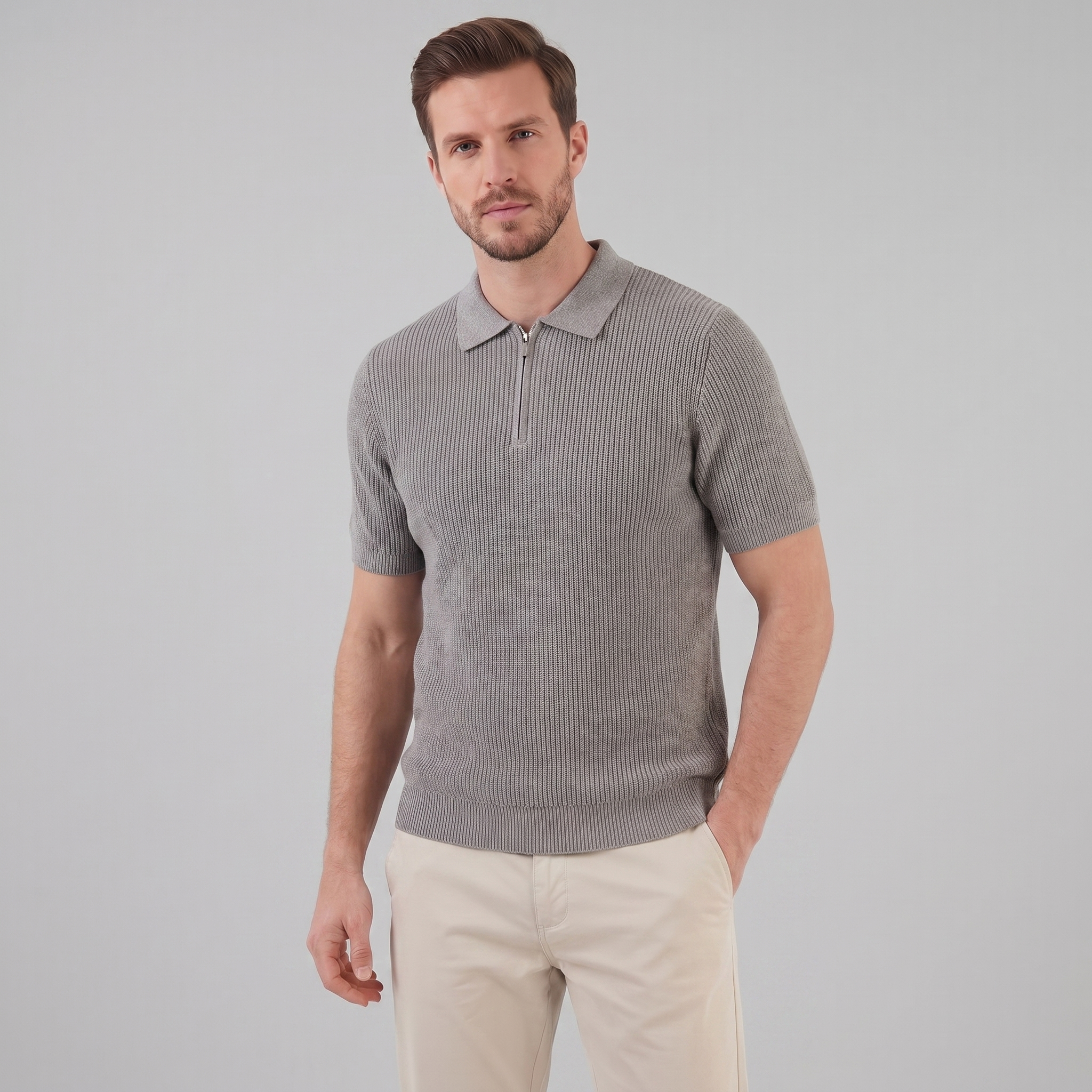 Men's Knit Zip Neck Polo Shirt - Casual Cotton Blend for Everyday Wear