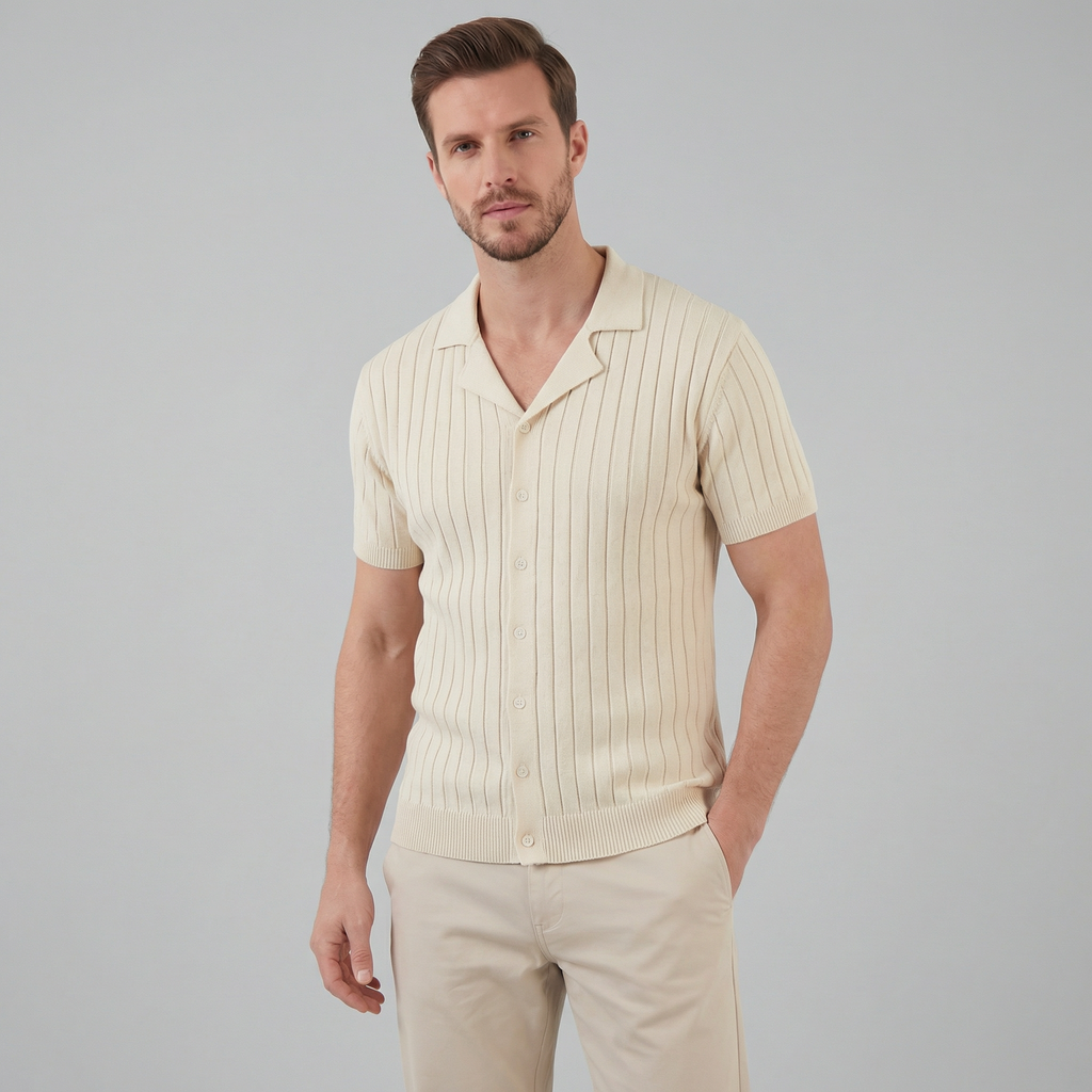 Men's Knitted Short Sleeve Shirt - Casual Cotton Blend for Everyday Wear