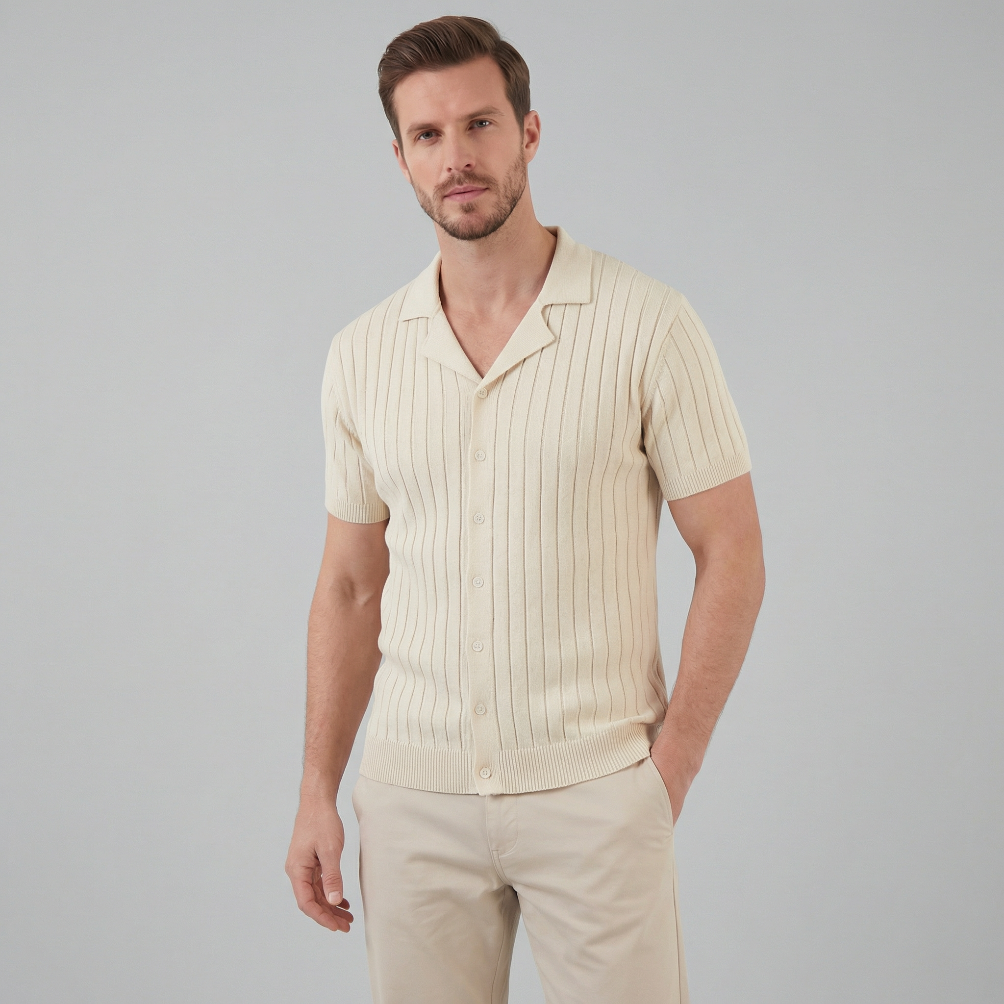 Men's Knitted Short Sleeve Shirt - Casual Cotton Blend for Everyday Wear