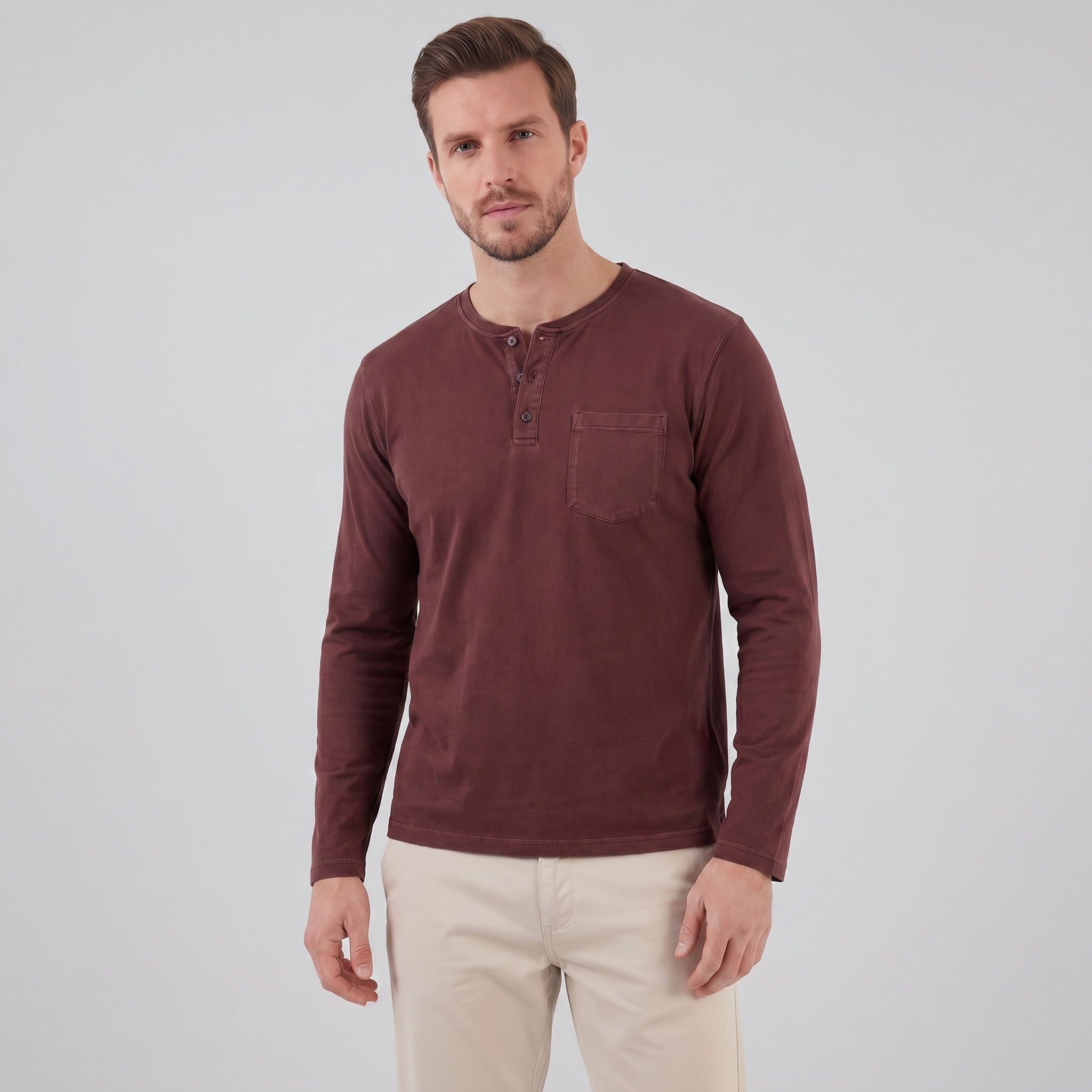 Men's Long Sleeve Cotton Henley Shirt for Casual Wear