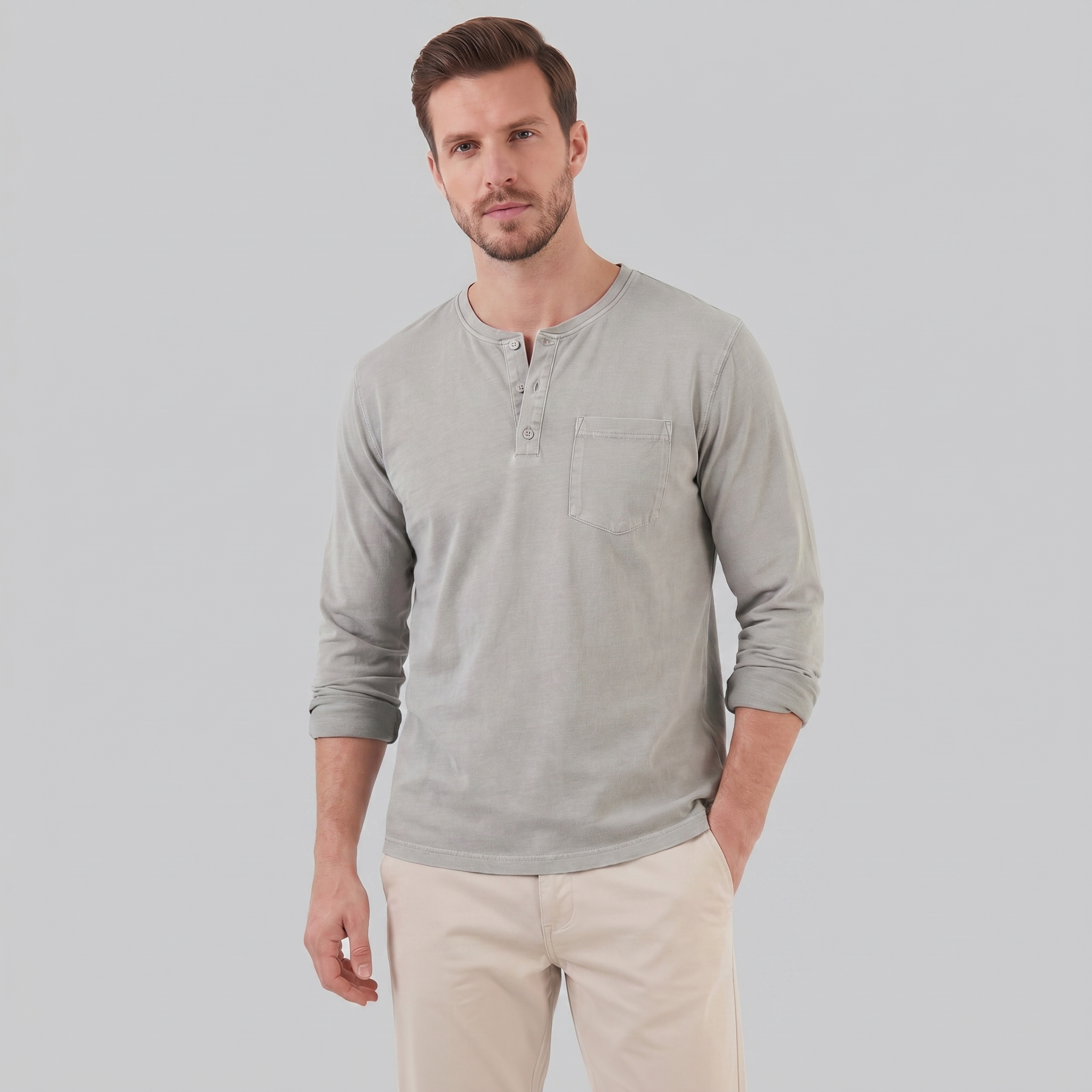 Men's Long Sleeve Cotton Henley Shirt for Casual Wear