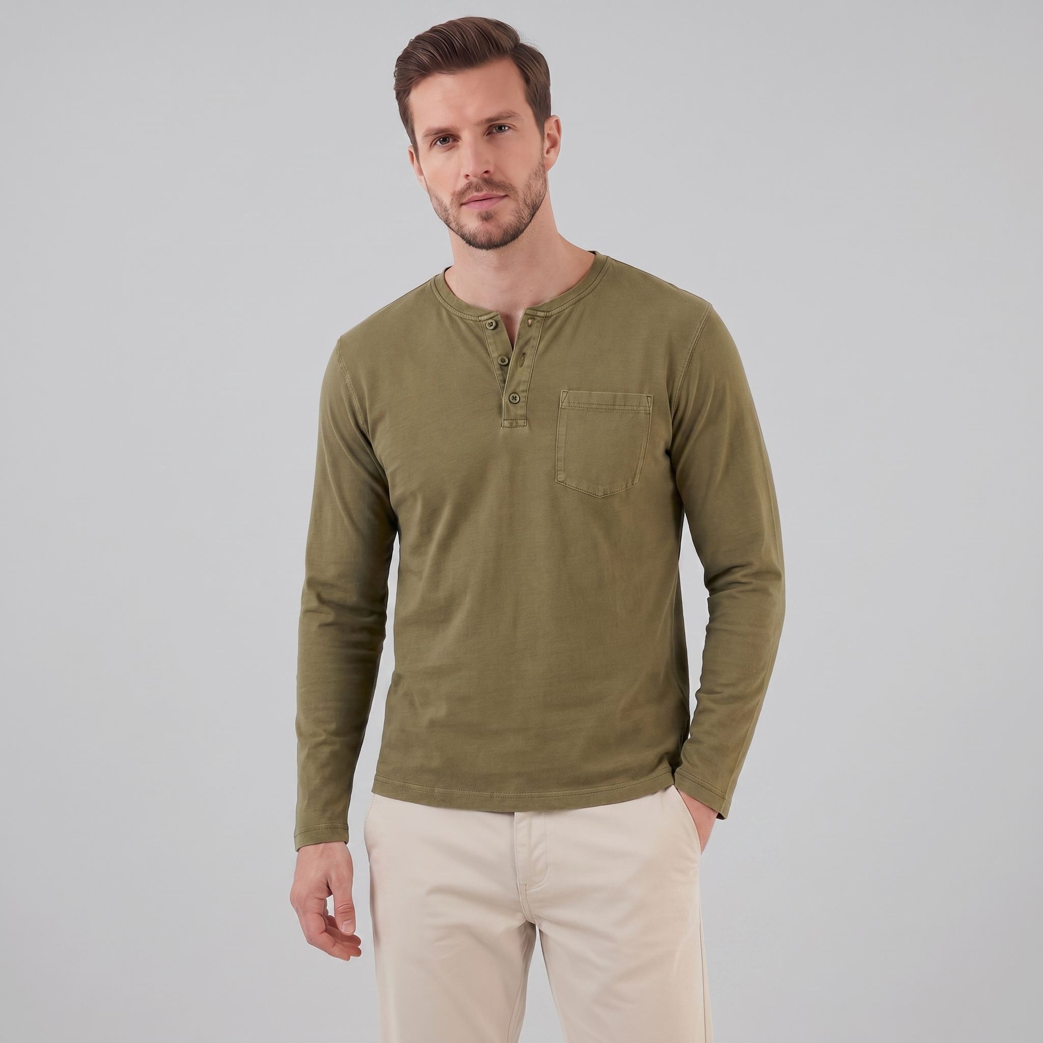 Men's Long Sleeve Cotton Henley Shirt for Casual Wear