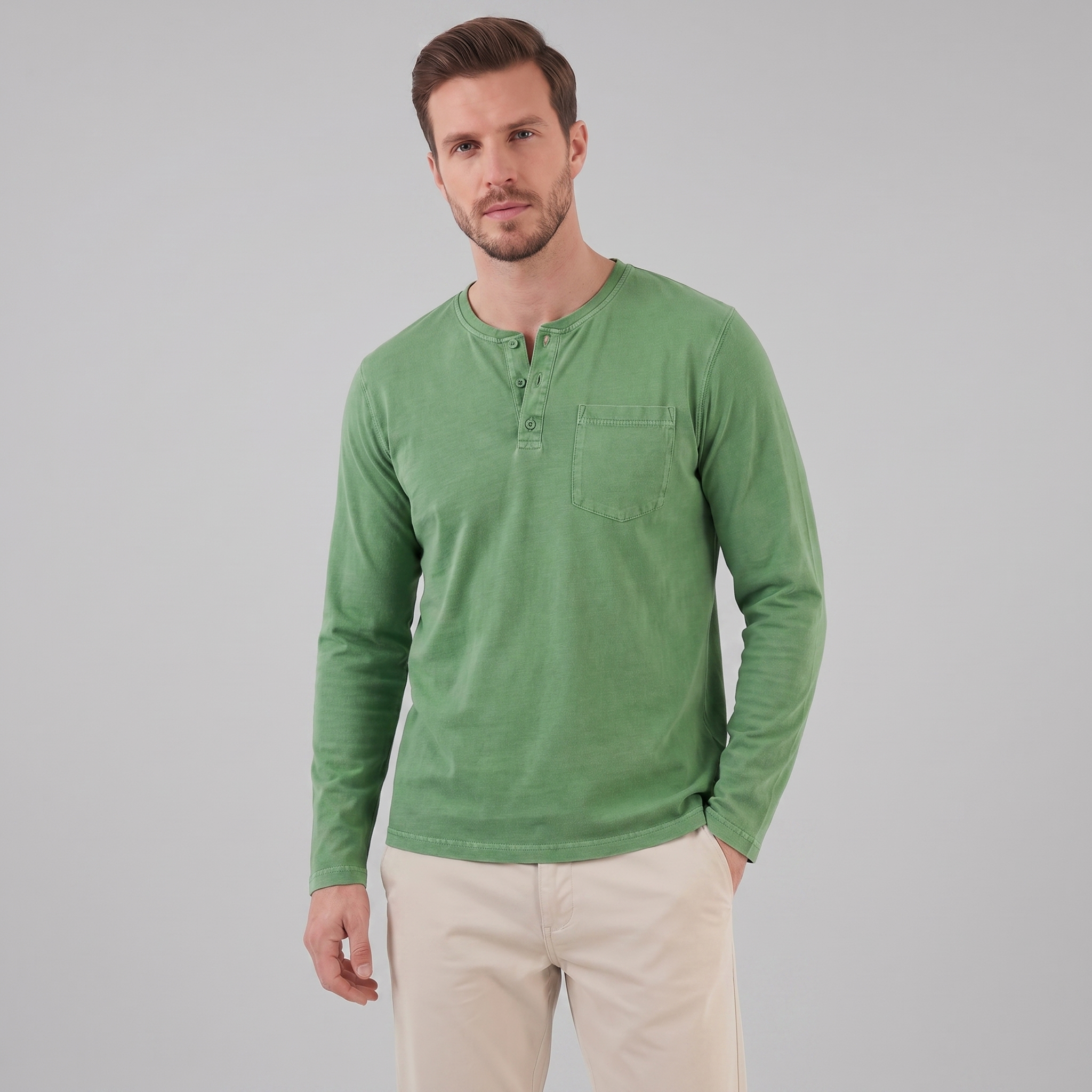 Men's Long Sleeve Cotton Henley Shirt for Casual Wear