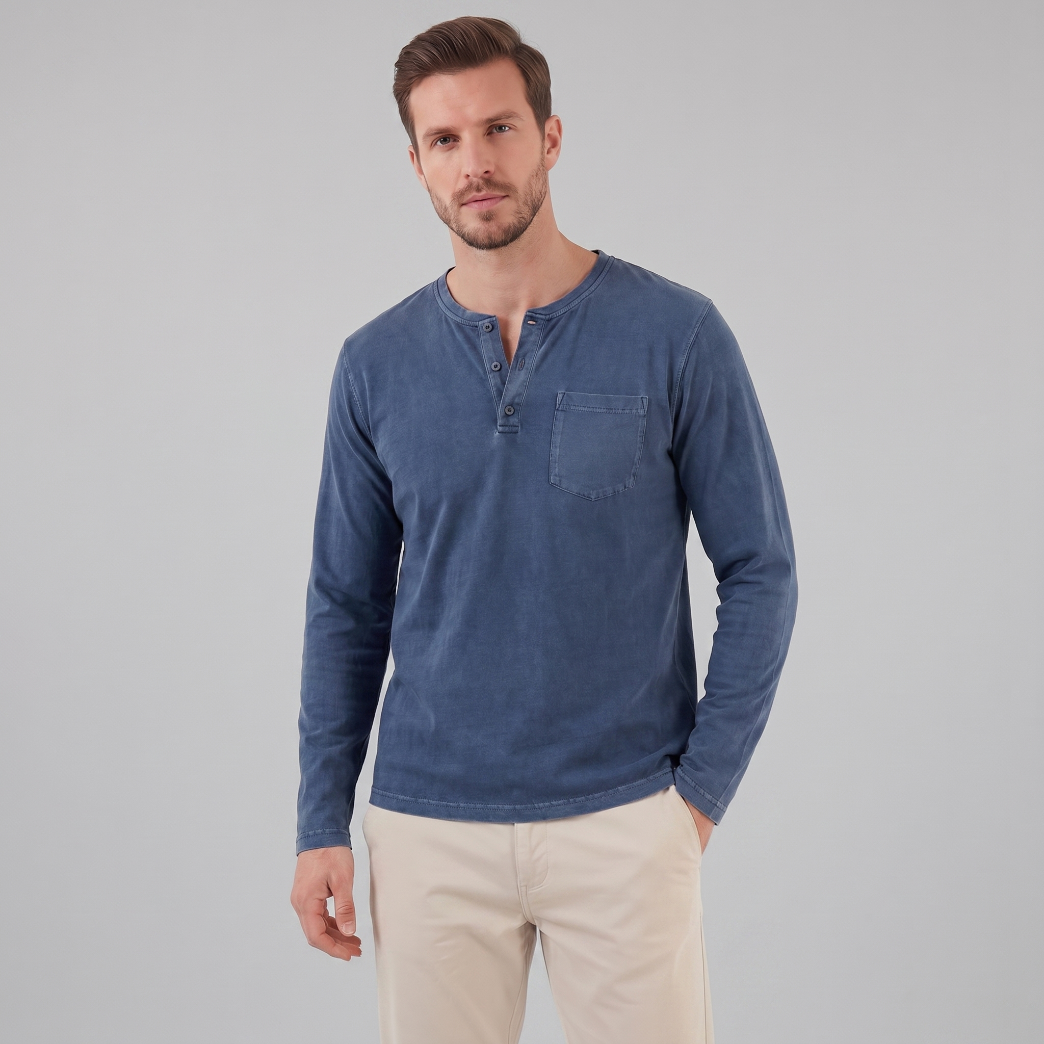 Men's Long Sleeve Cotton Henley Shirt for Casual Wear