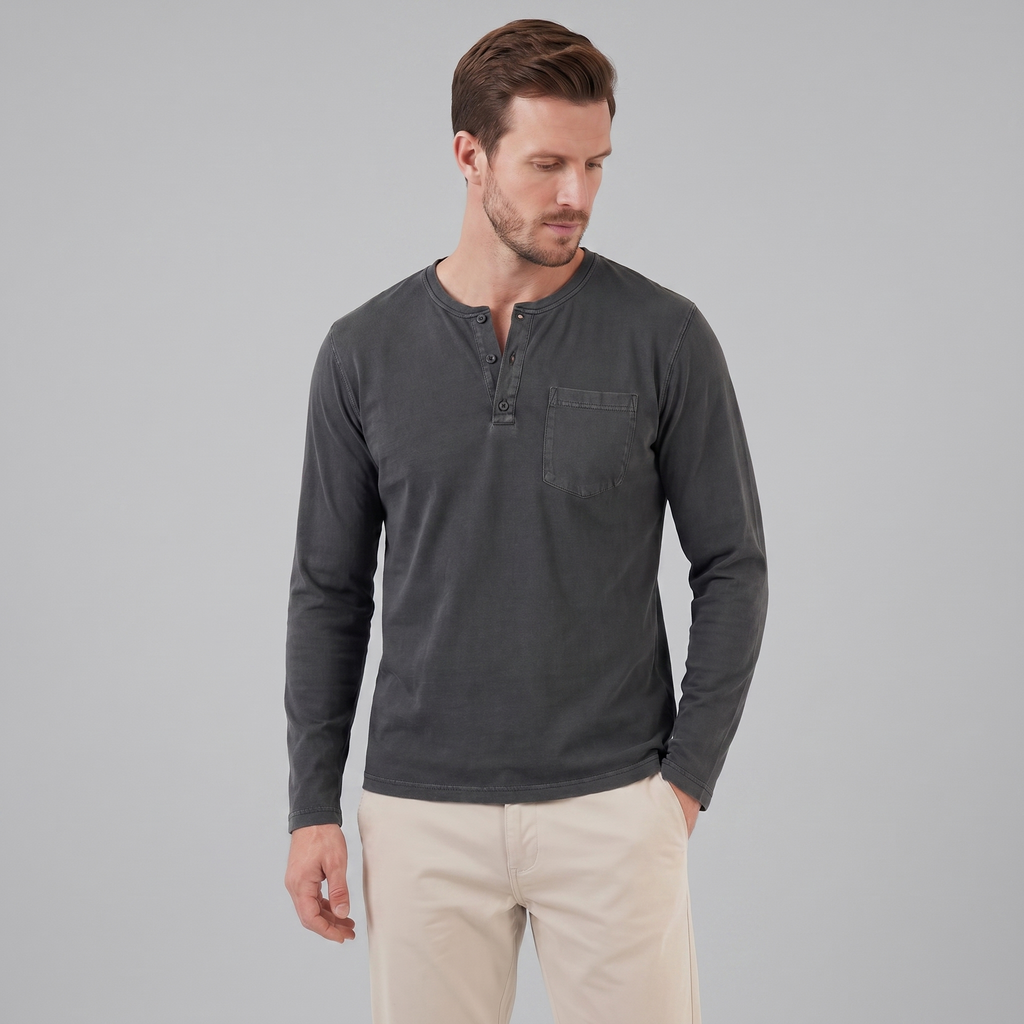 Men's Long Sleeve Cotton Henley Shirt for Casual Wear