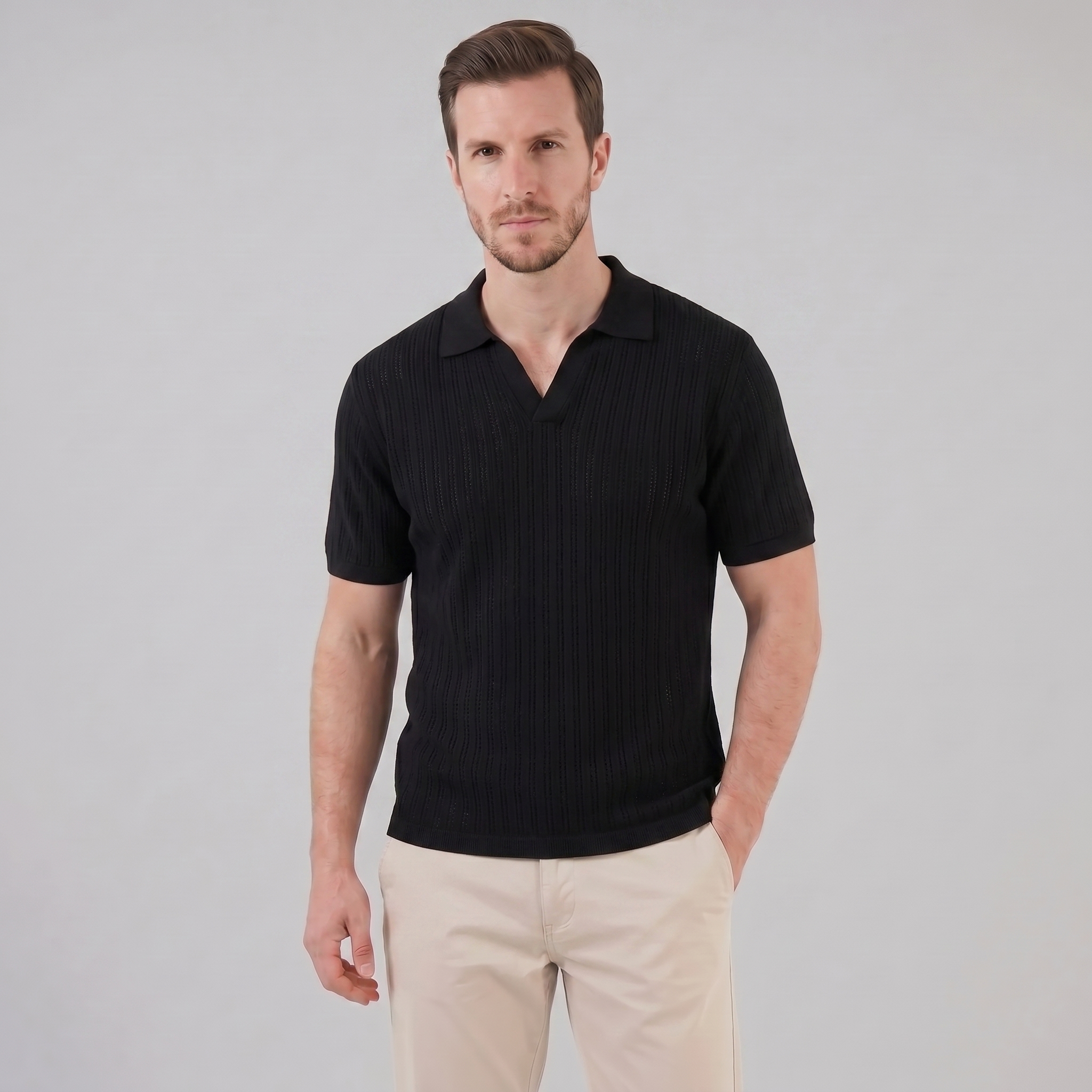 Men's Open Collar Polo Shirt - Lightweight Cotton - Summer Casual Wear