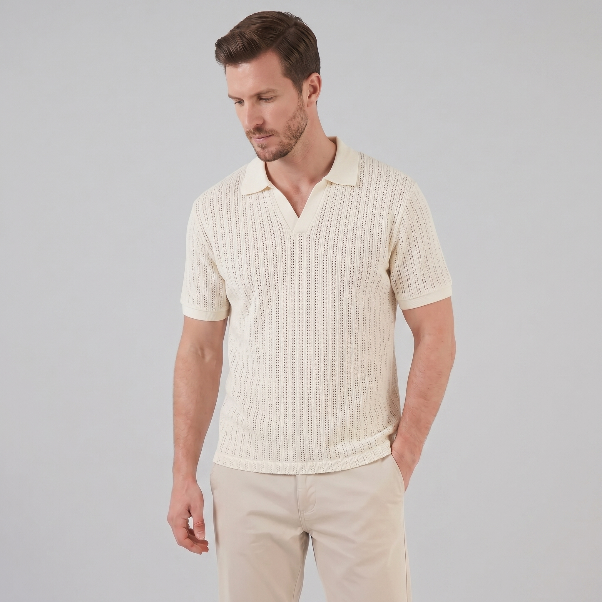 Men's Open Collar Polo Shirt - Lightweight Cotton - Summer Casual Wear