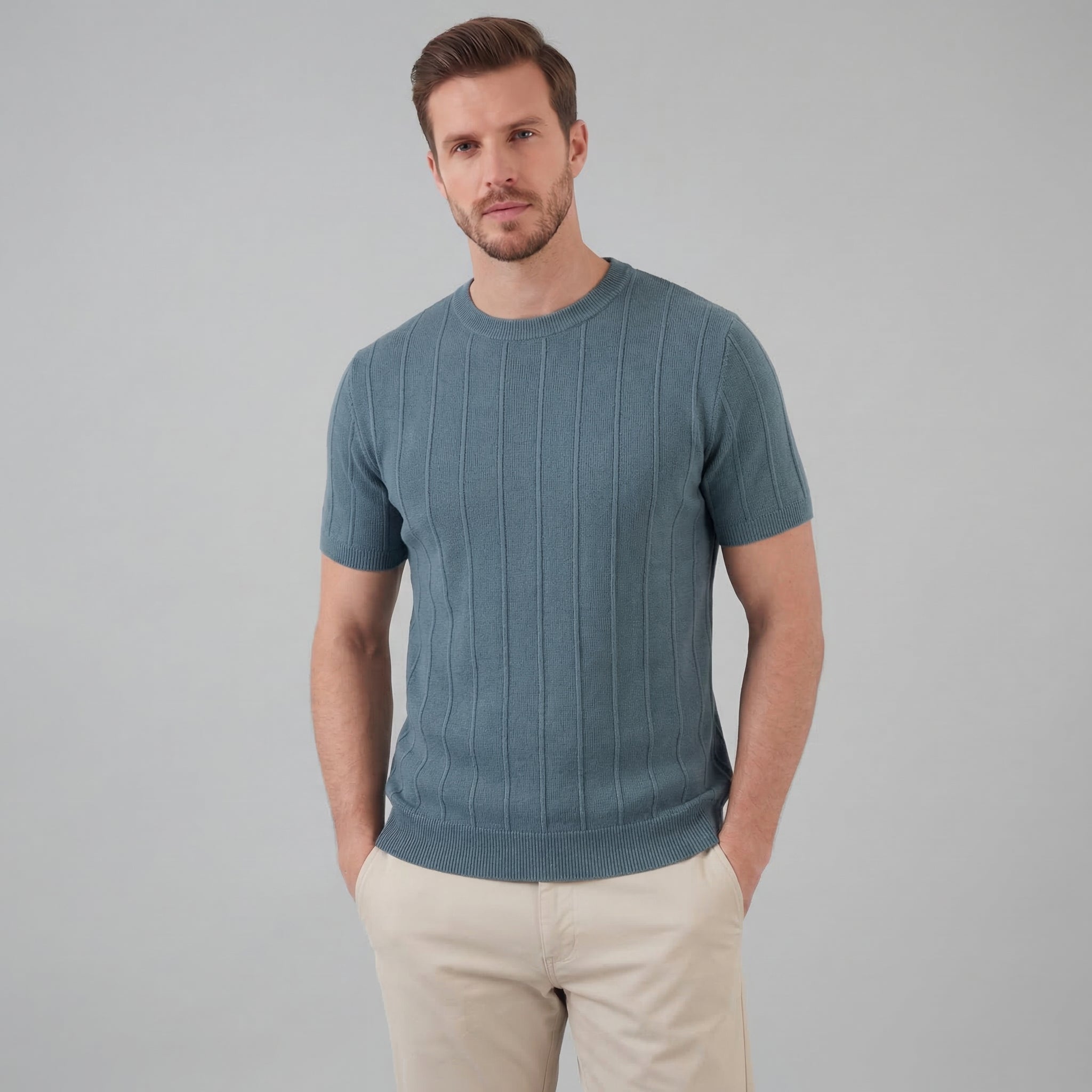 Men's Rib Knit Cotton T-Shirt - Casual Short Sleeve Top for Everyday Wear