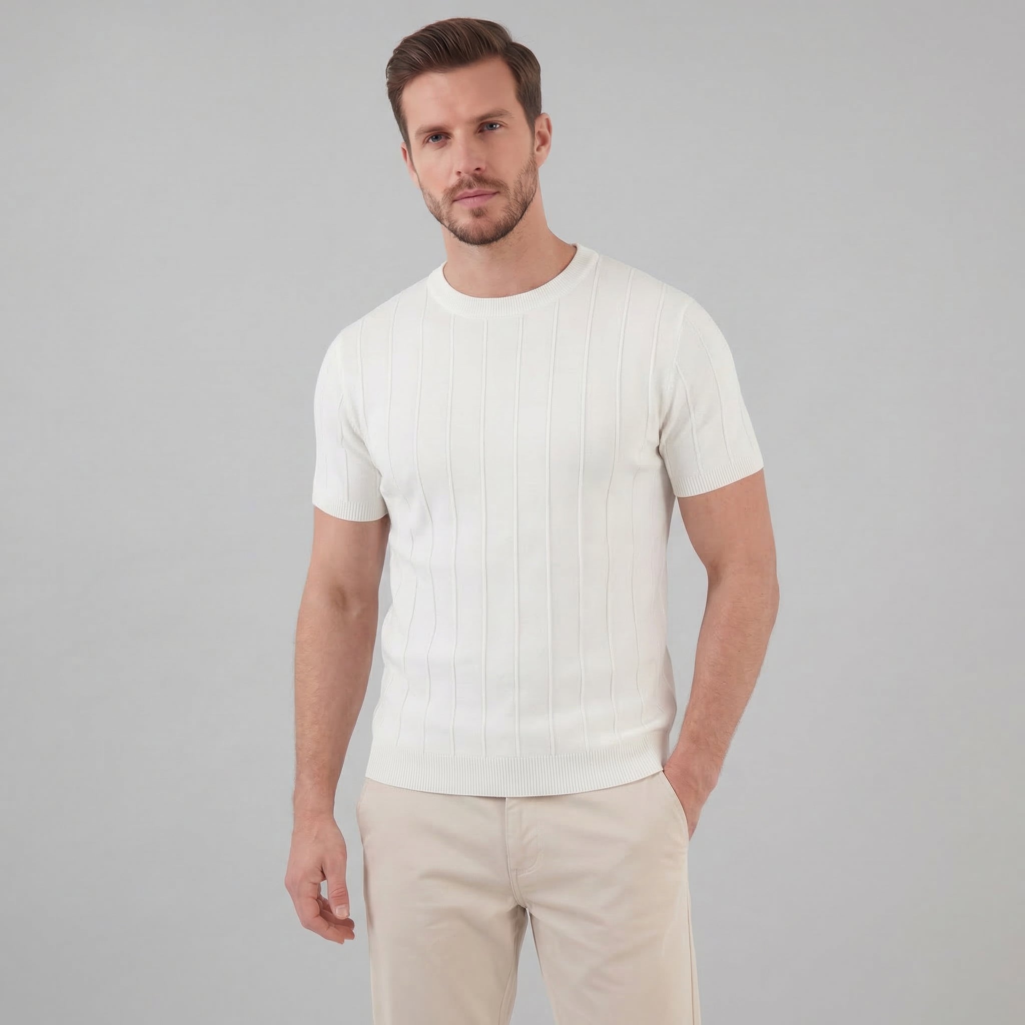 Men's Rib Knit Cotton T-Shirt - Casual Short Sleeve Top for Everyday Wear