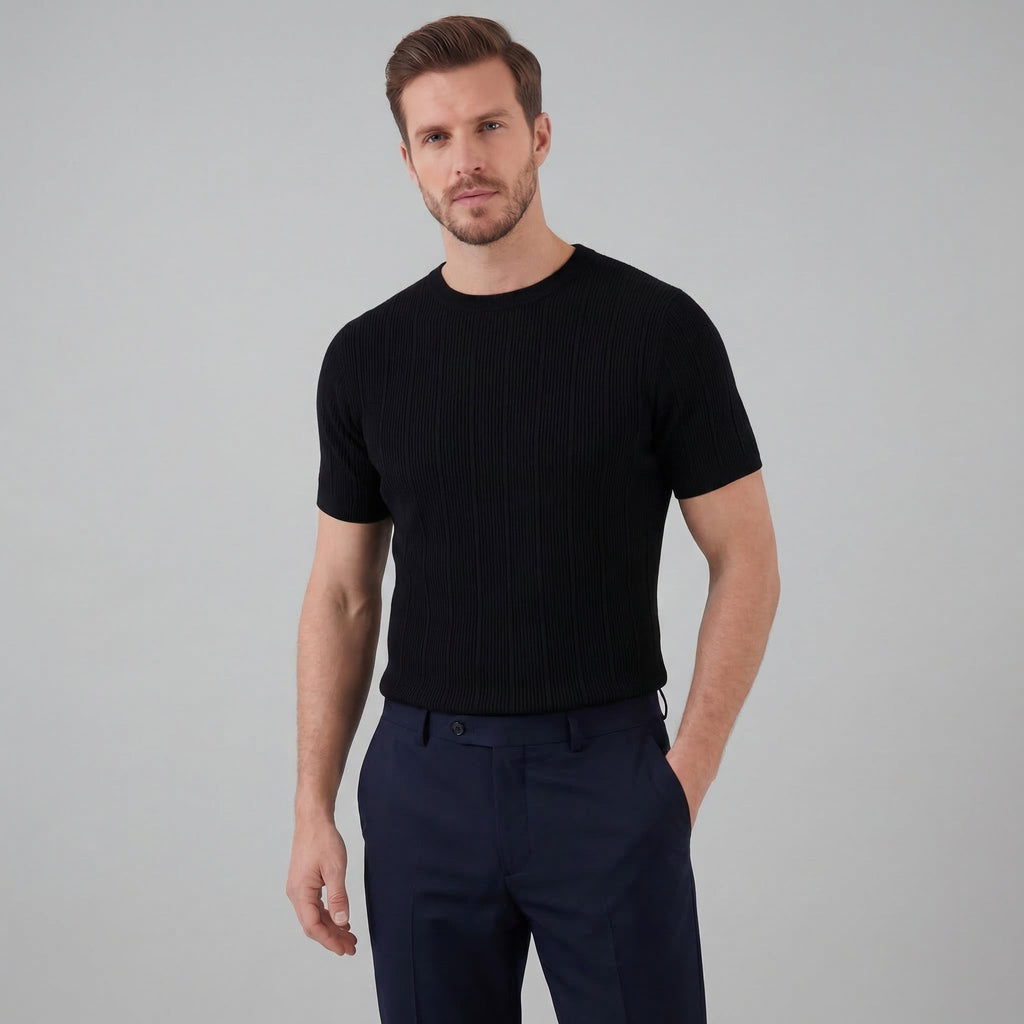 Men's Rib Knit Cotton T-Shirt - Casual Short Sleeve Top for Everyday Wear