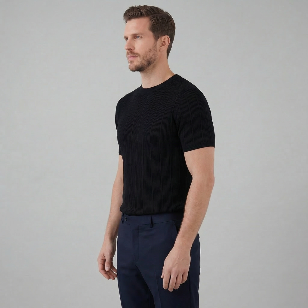 Men's Rib Knit Cotton T-Shirt - Casual Short Sleeve Top for Everyday Wear