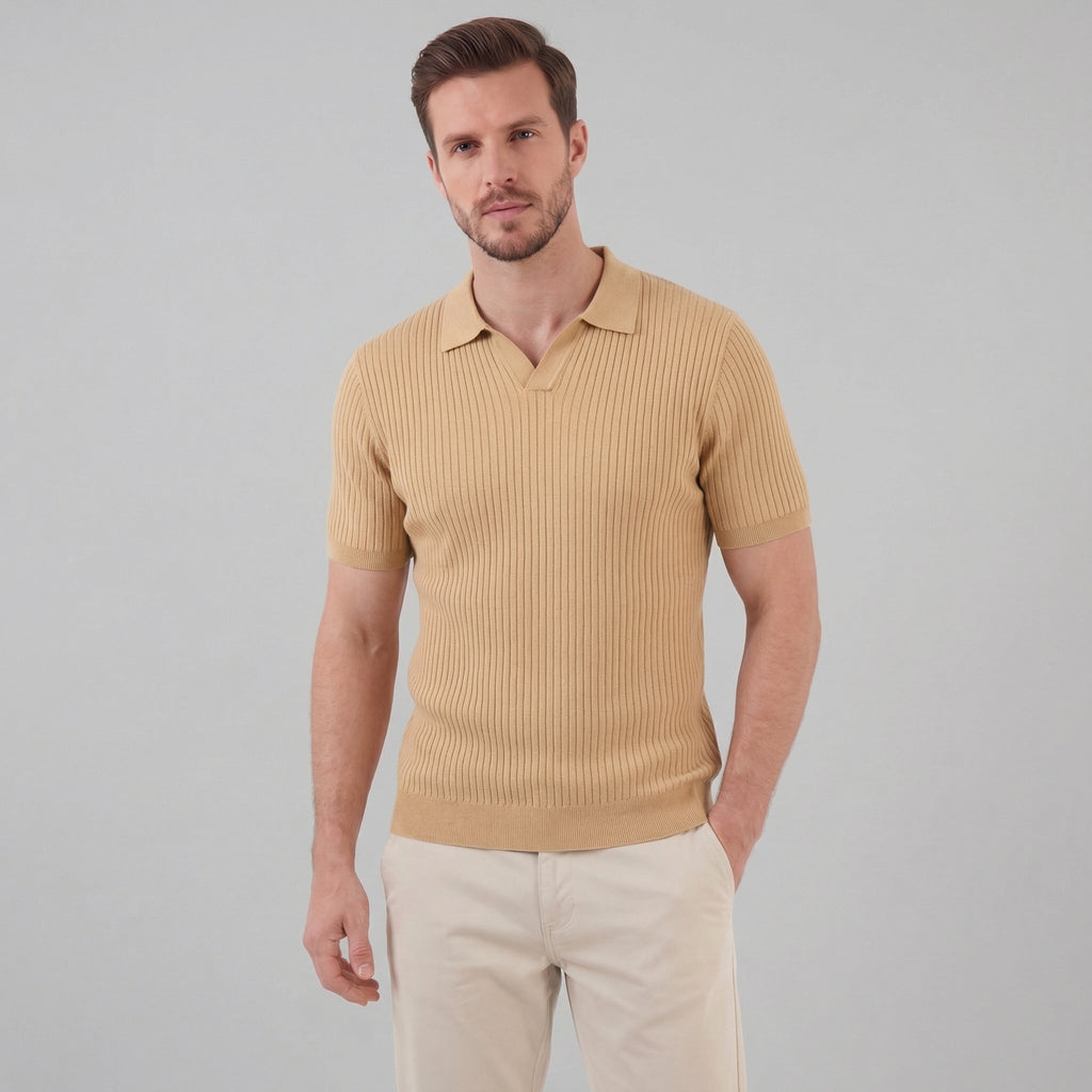Men's Ribbed Knit Polo Shirt - Short Sleeve Casual Wear for Everyday Comfort