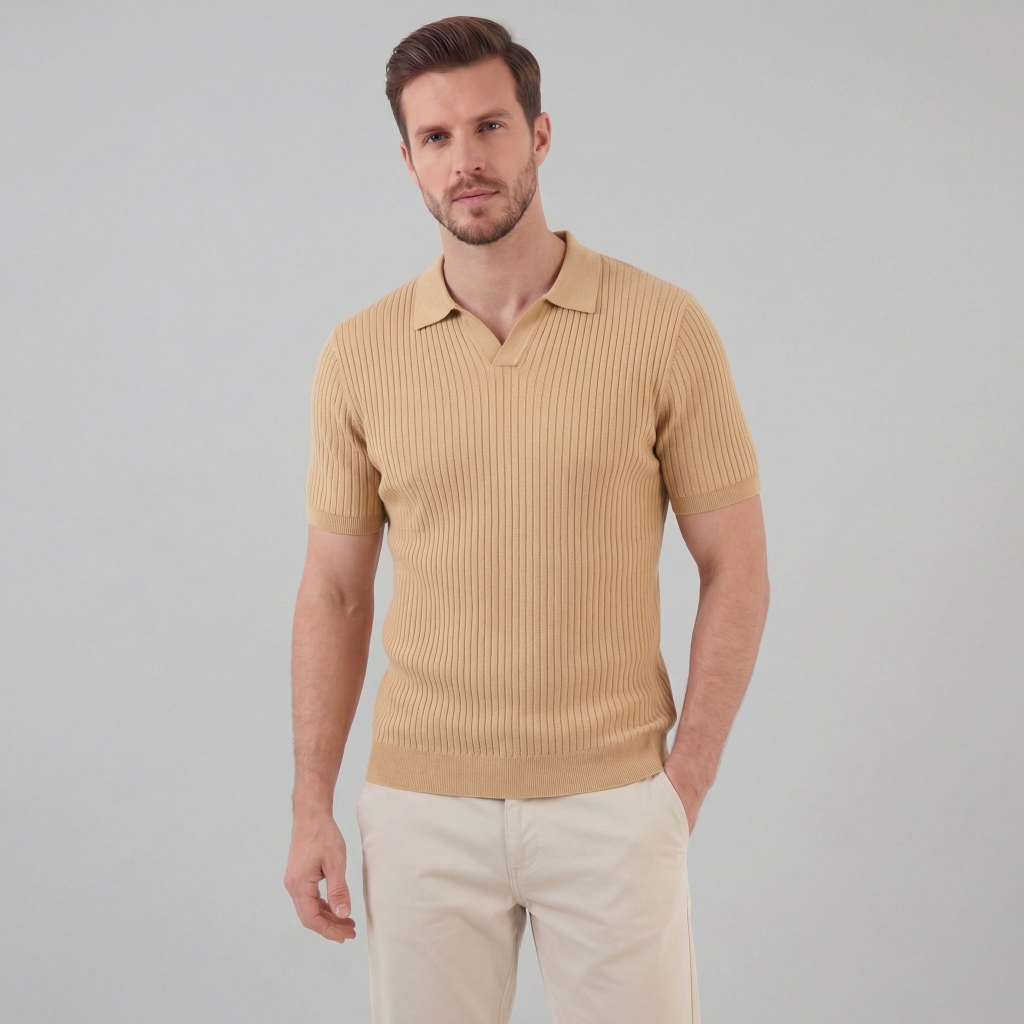 Men's Ribbed Knit Polo Shirt - Short Sleeve Casual Wear for Everyday Comfort