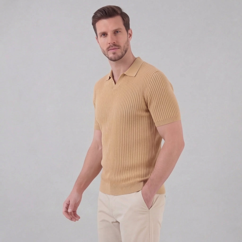 Men's Ribbed Knit Polo Shirt - Short Sleeve Casual Wear for Everyday Comfort